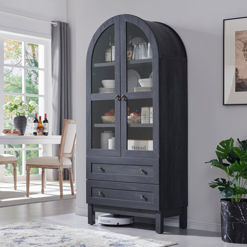 IFGET 71' Tall Arched Kitchen Pantry Cabinet, Wood Kitchens Storage Cabinets with 2 Large Drawers and Adjustable Shelves, Modern Farmhouse Versatile Cupboard for Kitchen, Dining Room, Bathroom, Grey