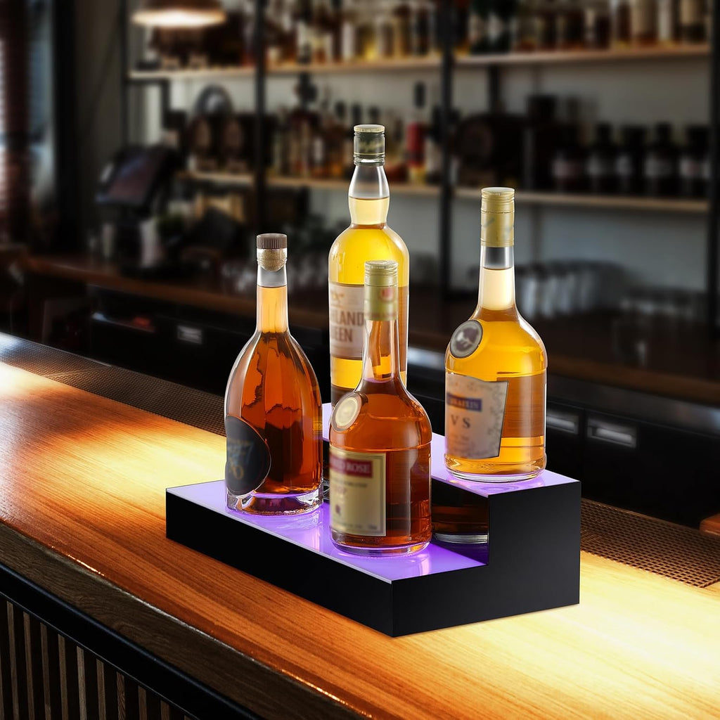 VEVOR LED Lighted Liquor Bottle Display, 2 Tiers 16 Inch Commercial Illuminated Home Bar Shelf, 2 Steps Whiskey Rack Stand, Acrylic Drink Shelves with RF Remote & App Control, and Multicolor Light