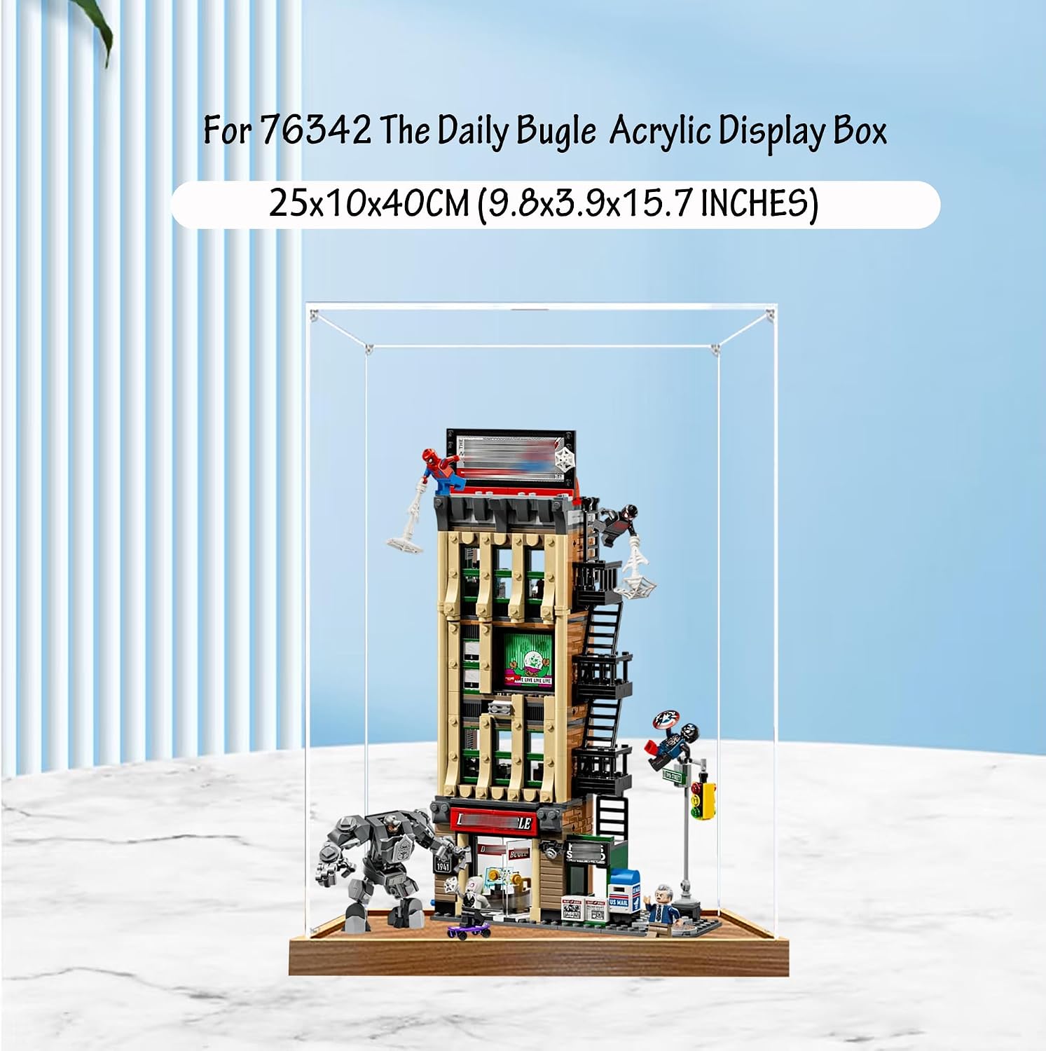 Acrylic Display Case for Lego 76342 The Daily Bugle Model, 3mm Dustproof Display Box, Display Case Compatible with Lego 76342(Model Not Included) (Wood Base 3MM)