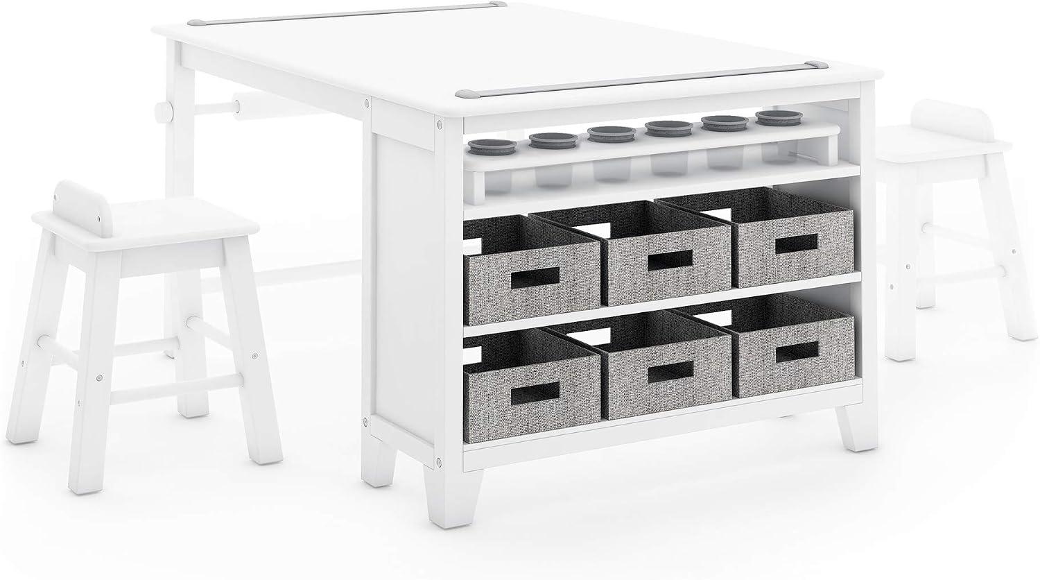 Martha Stewart Kids' Art Table and Chair Set - Linen White: Wooden Play Table for Arts and Crafts| Coloring Desk with Paint Cups, Paper Roll and Craft Supplies Storage Bins
