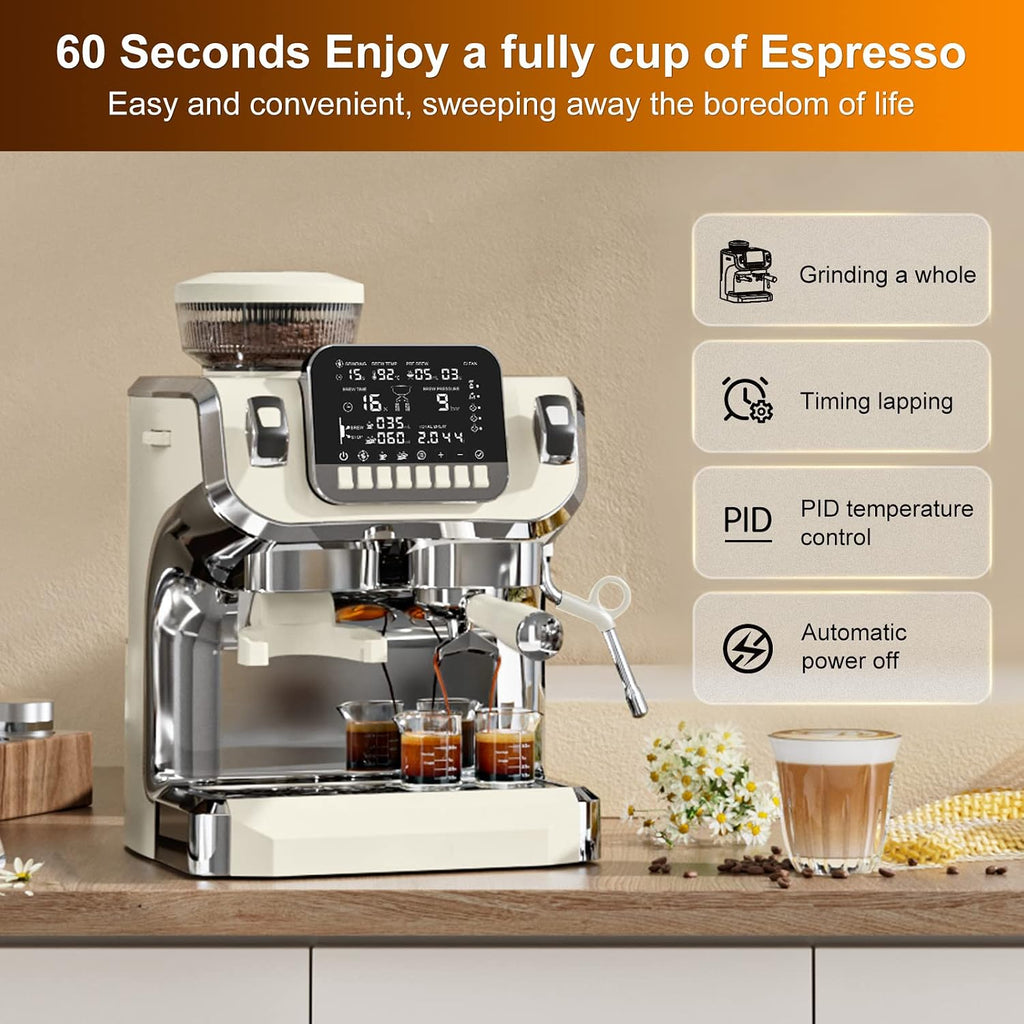 Mcilpoog TC520 Espresso Machine with Milk Frother，Semi Automatic Coffee Machine with Grinder,Easy To Use Espresso Coffee Maker with 6 inch Large Screen,15 Bar Pressure Pump,PID Temperature Control.