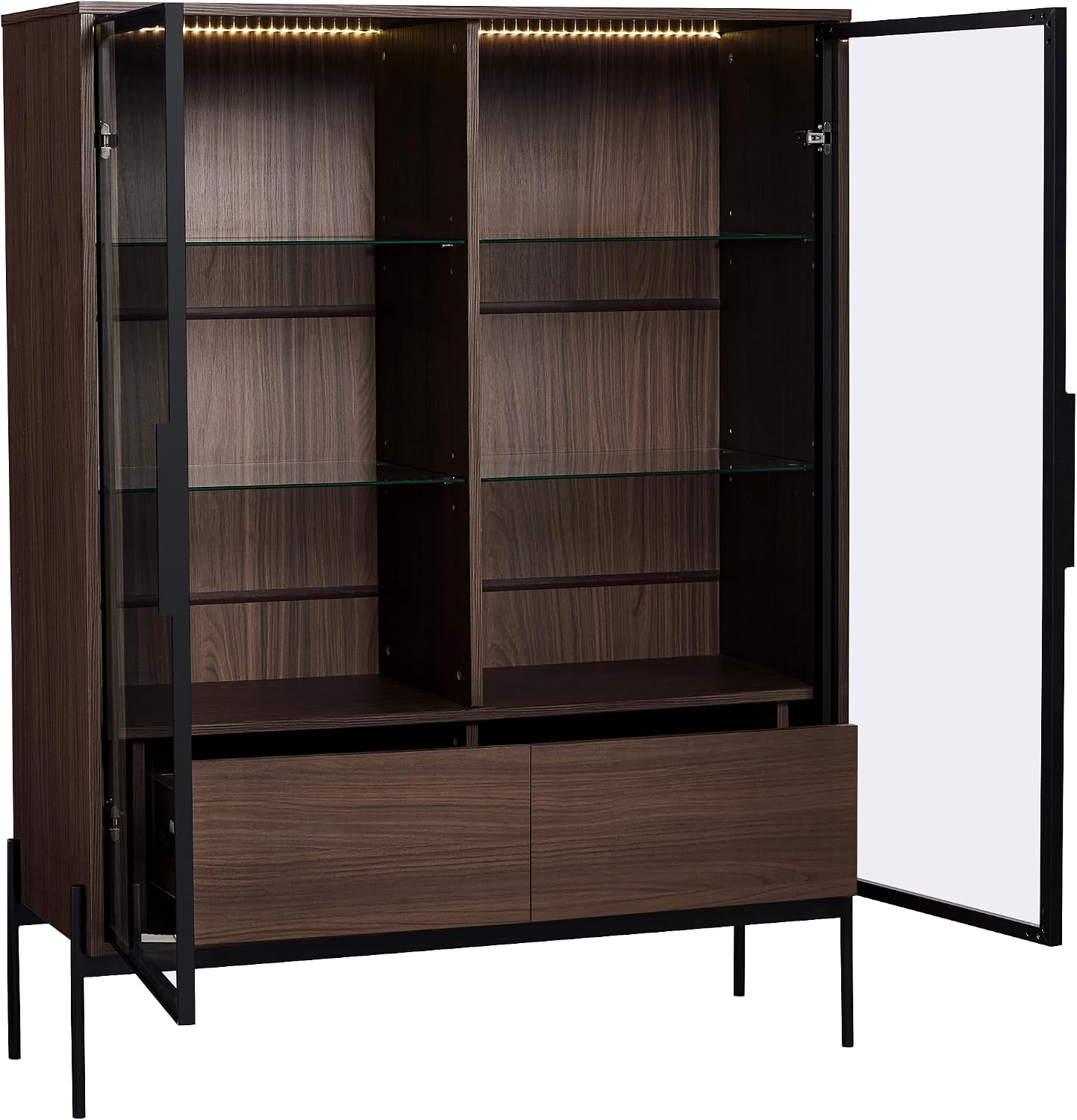 51' Modern Aluminum-Frame Showcase Cabinet, Lego Display Case with Glass Doors, Lego Display Shelves with LED 4-Tier for Home Office Living Room, Black + Dark Walnut
