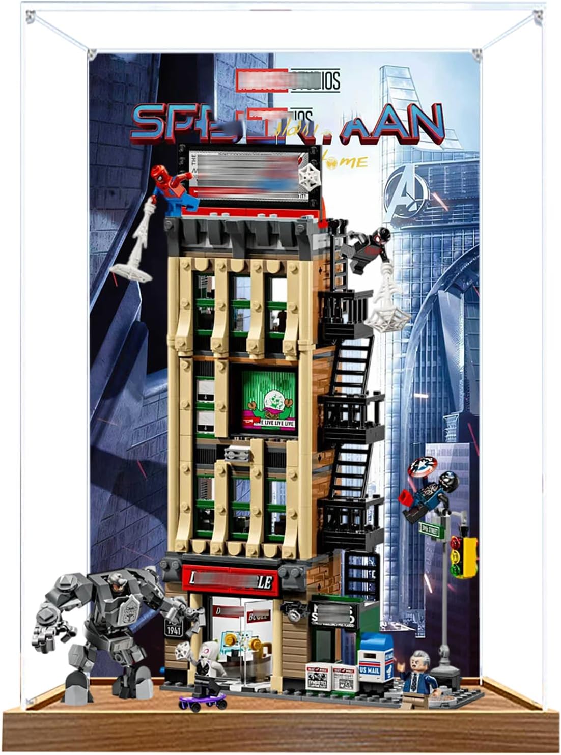 Acrylic Display Case for Lego 76342 The Daily Bugle Model, 3mm Dustproof Display Box, Display Case Compatible with Lego 76342(Model Not Included) (Background 3MM Wood Base B)