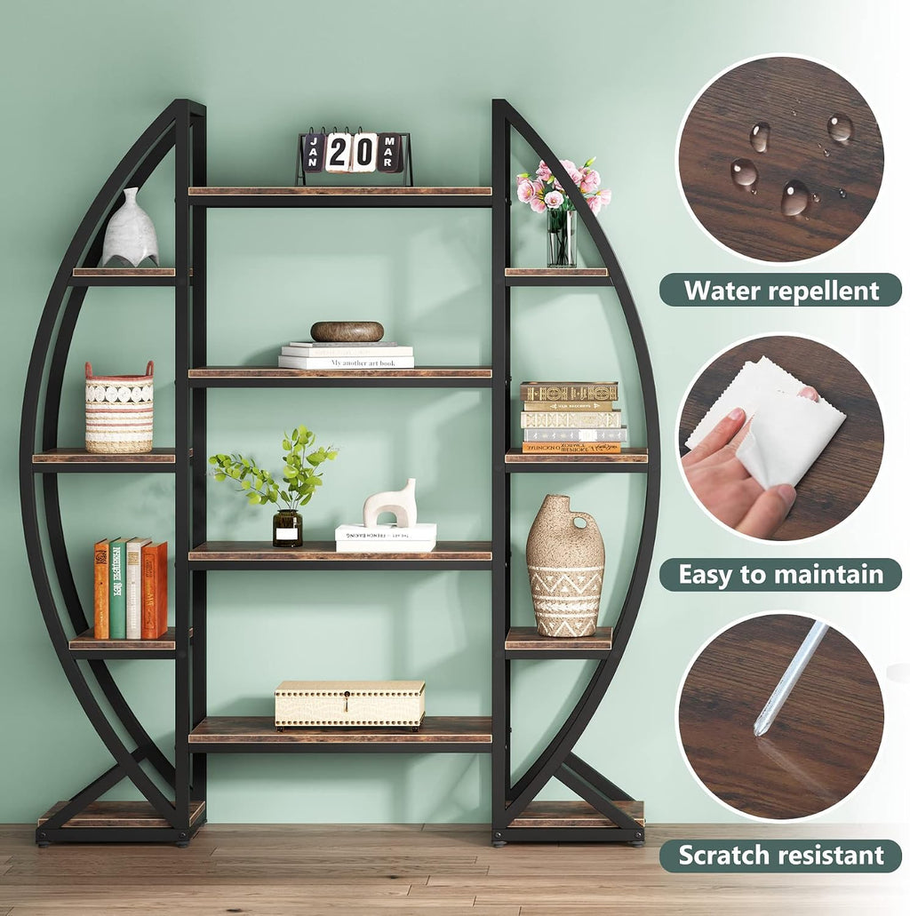 Tribesigns Oval Bookshelf, Triple Wide 5 Tier Etagere Bookcase, Industrial Display Shelves for Living Room (Brown, 55')