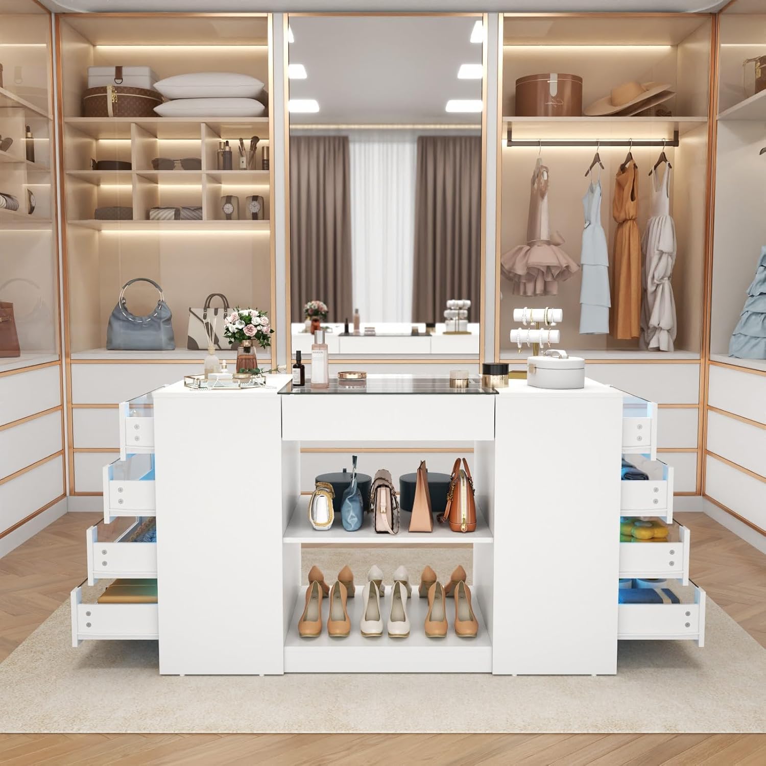 Gyfimoie Closet Island with Drawers, Armoire Wardrobe Closet with LED Lights White Dresser Walk-in Closets with Glass Top for Bedroom & Cloakroom