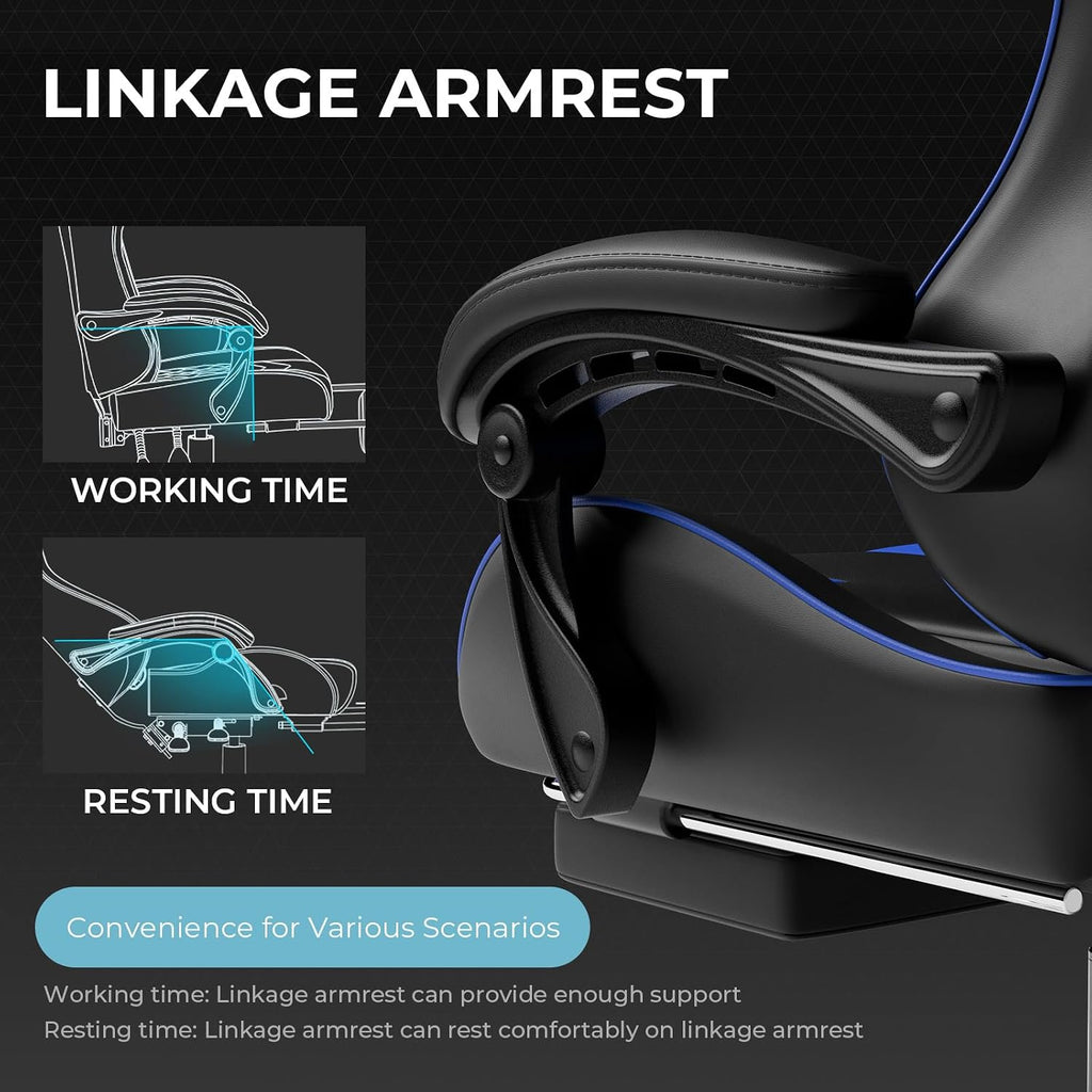 GTPLAYER Gaming Chair, Computer Chair with Footrest and Lumbar Support, Height Adjustable Game Chair with 360°-Swivel Seat and Headrest and for Office or Gaming (Faux Leather, Blue)