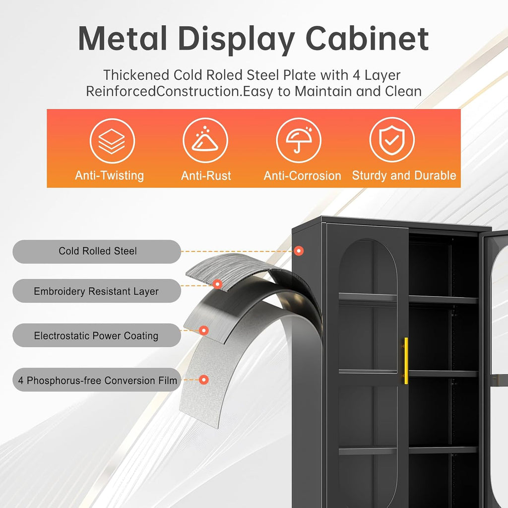 47' H Locking Display Cabinet with Glass Door, Tall black Storage Cabinet with 3 Adjustable Shelves, Metal Curio Cabinet Multi-Purpose Display Case for Collectibles Living Room/Bedroom/Kitchen/Bar