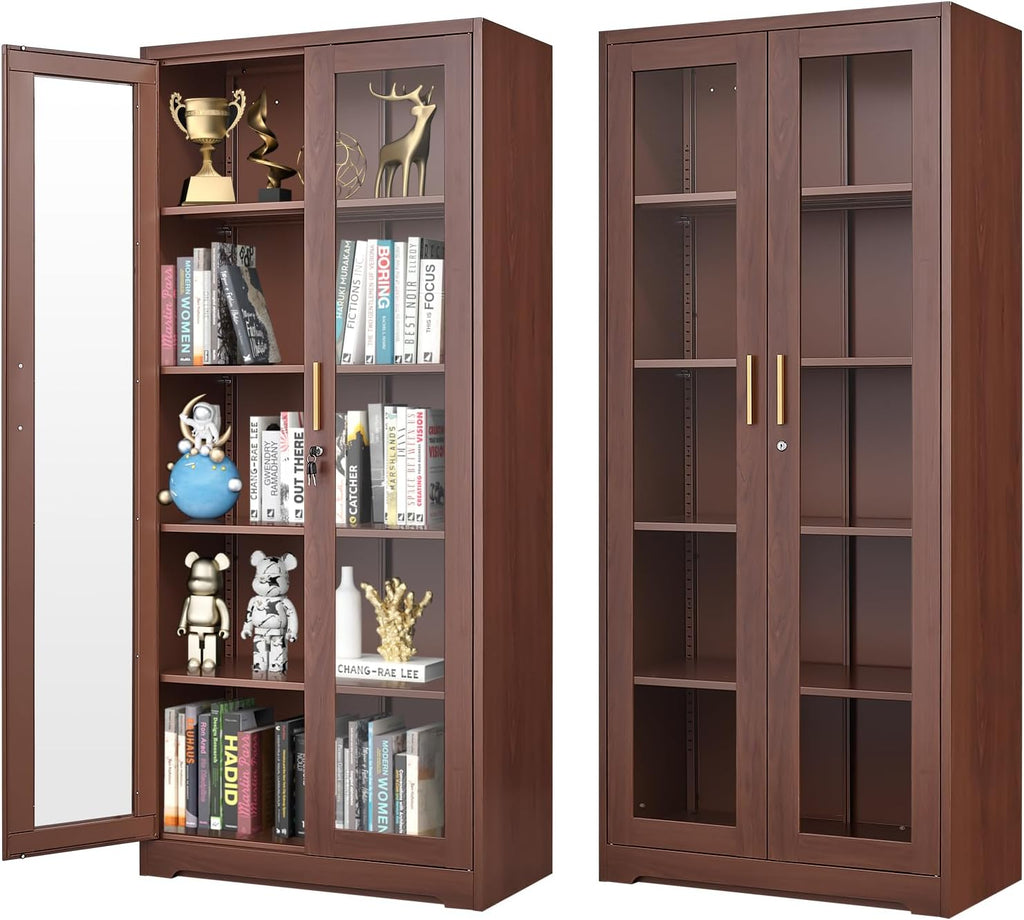 71' Display Cabinet, Metal Kitchen Storage Cabinet, Curio Display Case with Glass Doors and 4 Adjustable Shelves, Locking Cabinets for Kitchen, Hallway, Living Room, Wood Color -Assembly Required