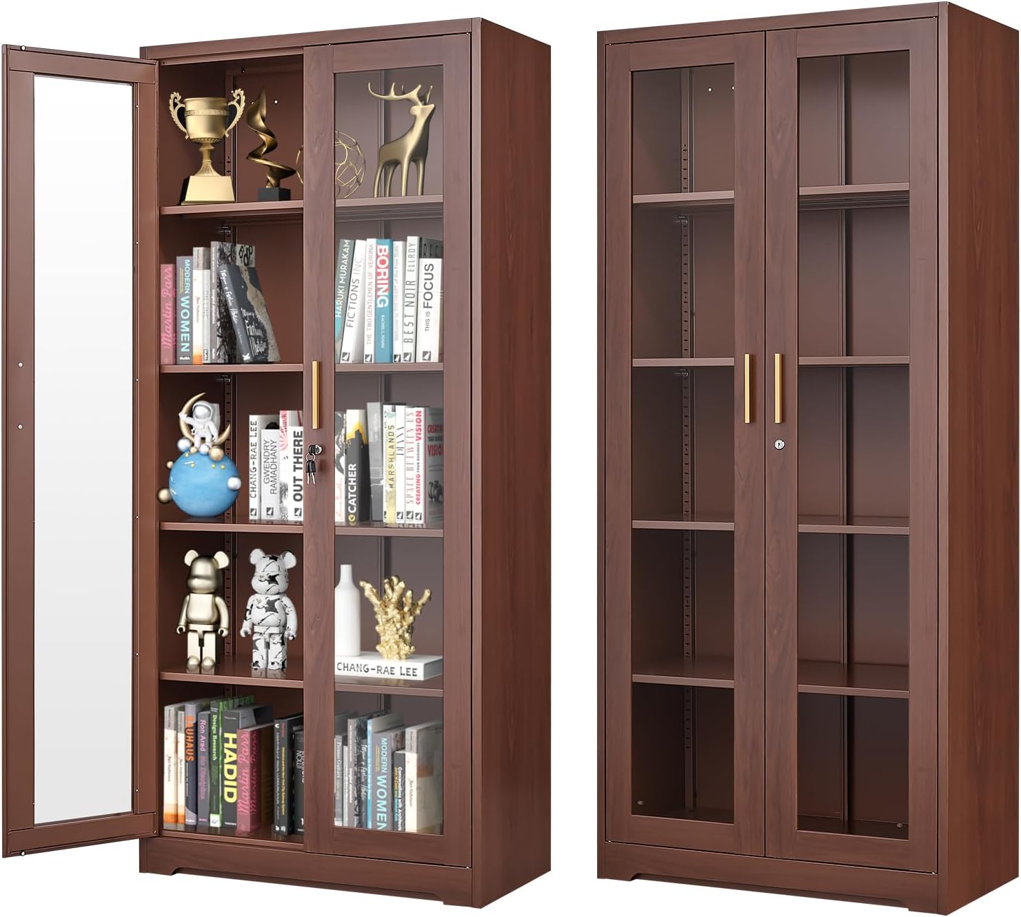 71' Display Cabinet, Metal Kitchen Storage Cabinet, Curio Display Case with Glass Doors and 4 Adjustable Shelves, Locking Cabinets for Kitchen, Hallway, Living Room, Wood Color -Assembly Required