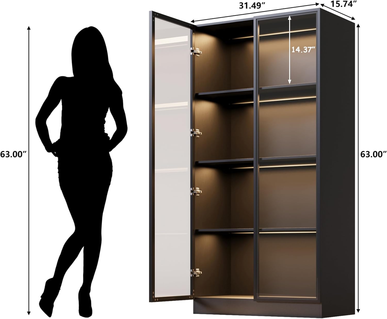 Wildhome Wooden Display Storage Cabinet with Glass Door, LED Lights,Showcase for Collections, Perfume, Vinyl Albums, Bookcase for Home Office, Living Room, Clinic, Pantry (Black- 4 Layers)