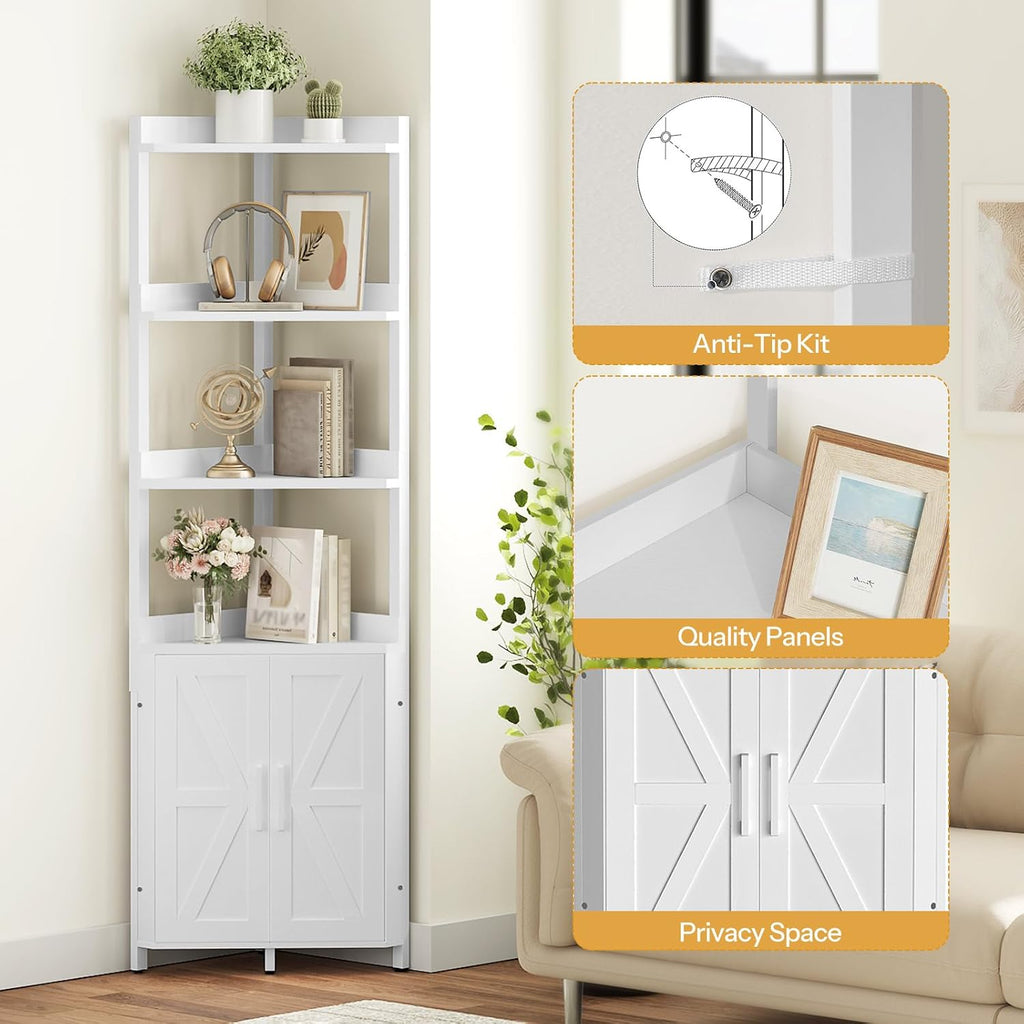 HOOBRO Corner Shelf with Storage, Tall Corner Cabinet, 5-Tier Bookshelf Stand, Storage Cabinet with Protective Fence, for Living Room, White WW78CJ01