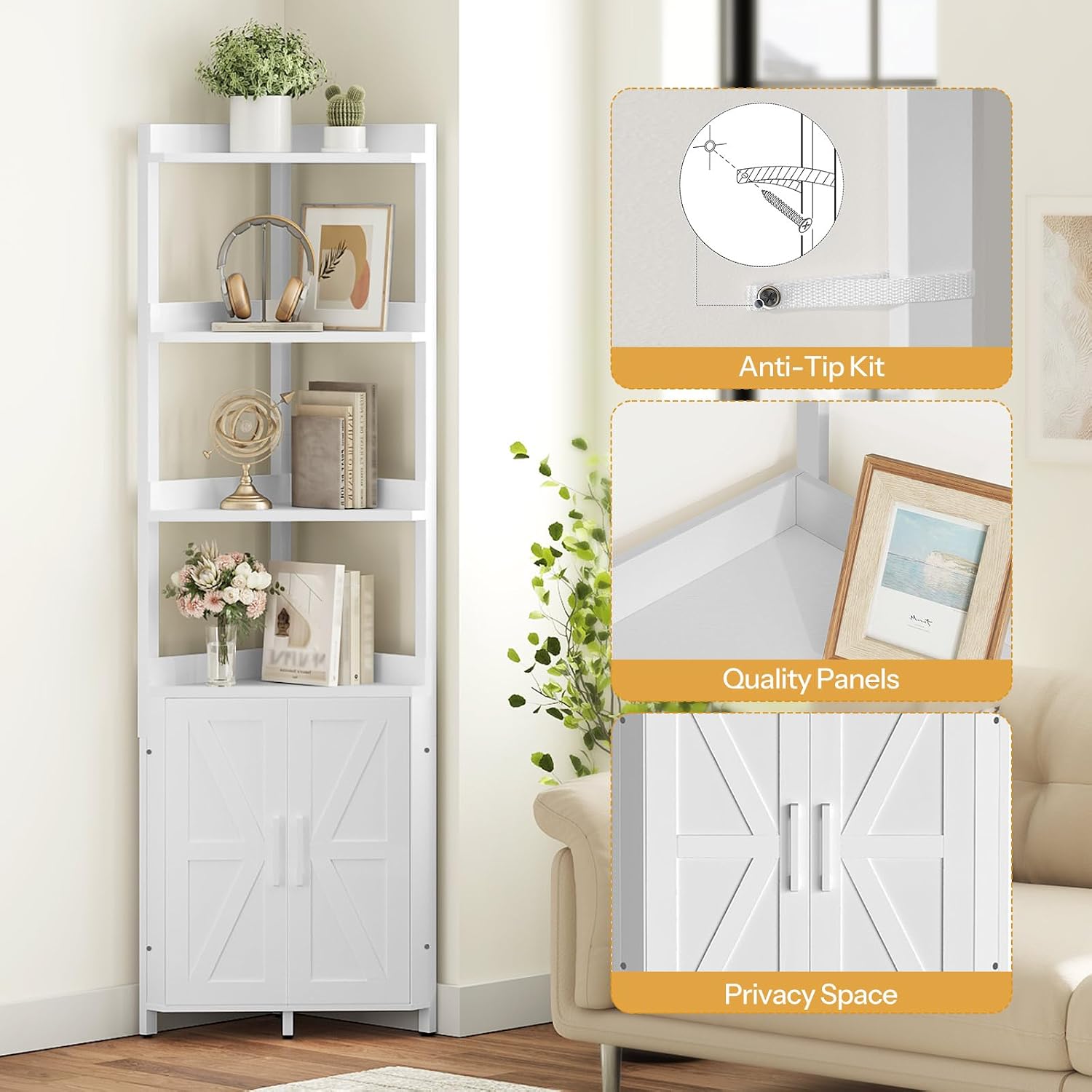HOOBRO Corner Shelf with Storage, Tall Corner Cabinet, 5-Tier Bookshelf Stand, Storage Cabinet with Protective Fence, for Living Room, White WW78CJ01