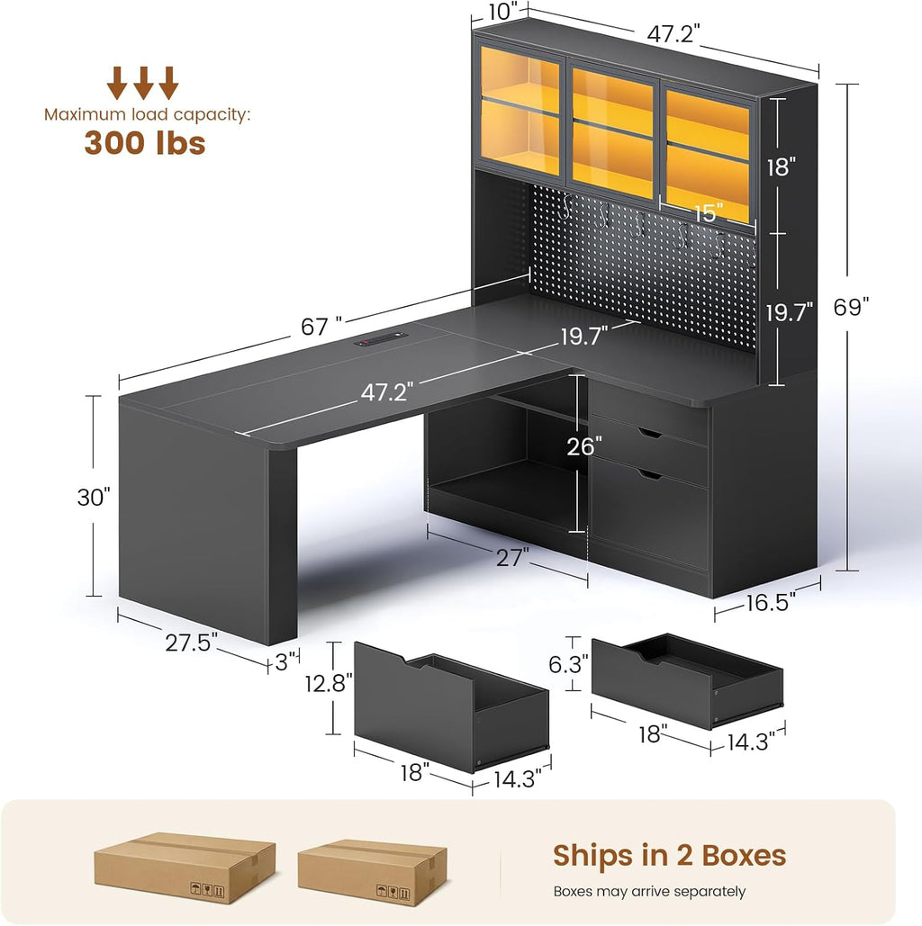 SEDETA L Shaped Computer Desk, L Shaped Corner Gaming Desk with 3 Wood Drawer and Large Bookshelf, Home Office Desk with LED Light, Display Cabinet and Pegboard, 27.5' W Large Desktop Table, Black