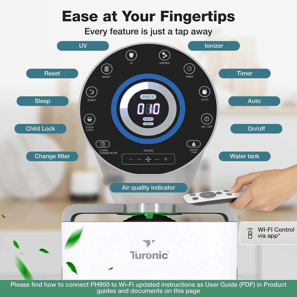 Turonic PH950 Air Purifier and Humidifier Combo for Large Rooms – HEPA, UV, Ionizer, PM2.5 Sensor, Cold Catalyst – Air Purifier for Home Pets with 8 Speeds, App Control, Remote, Filters, Humidifier