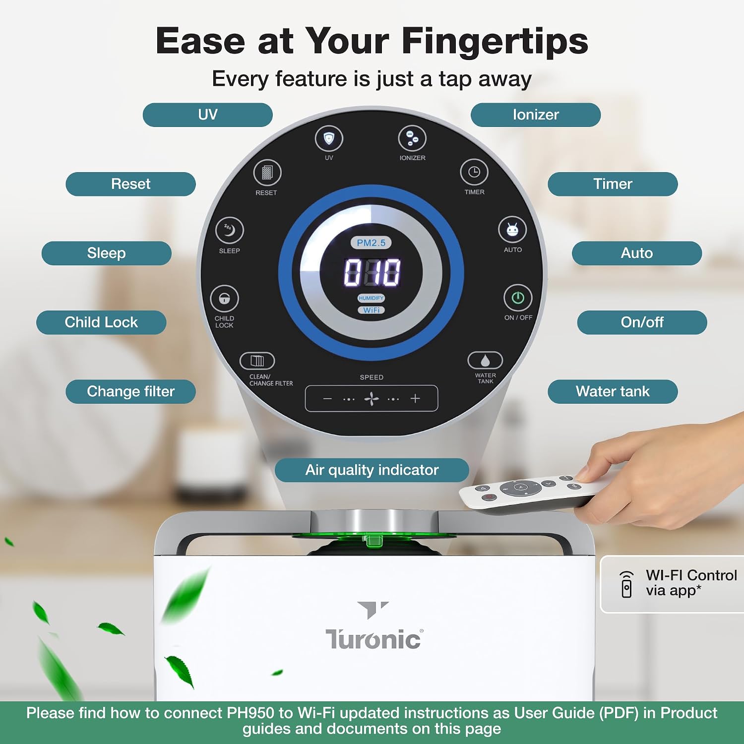 Turonic PH950 Air Purifier and Humidifier Combo for Large Rooms – HEPA, UV, Ionizer, PM2.5 Sensor, Cold Catalyst – Air Purifier for Home Pets with 8 Speeds, App Control, Remote, Filters, Humidifier