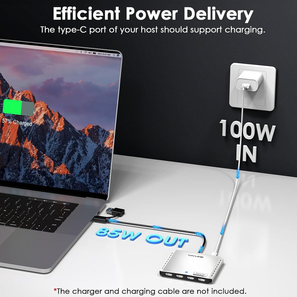 WAVLINK USB 3.0 or USB-C to Quad HDMI Splitter Extended Display for Four Monitor with 85W PD, Displaylink Adapter 4 HDMI 4K@60Hz for Mac M1-M5/Macbook Neo or Windows 10/11, Driver Required