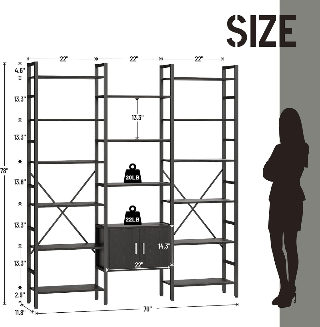 70x78 ' Triple 6 Tier Book Shelf, Industrial Large Bookcase with Storage Cabinet, Tall Bookshelf with 16 Open Display Shelves Metal Frame Furniture for Living Room Bedroom Home Office Black