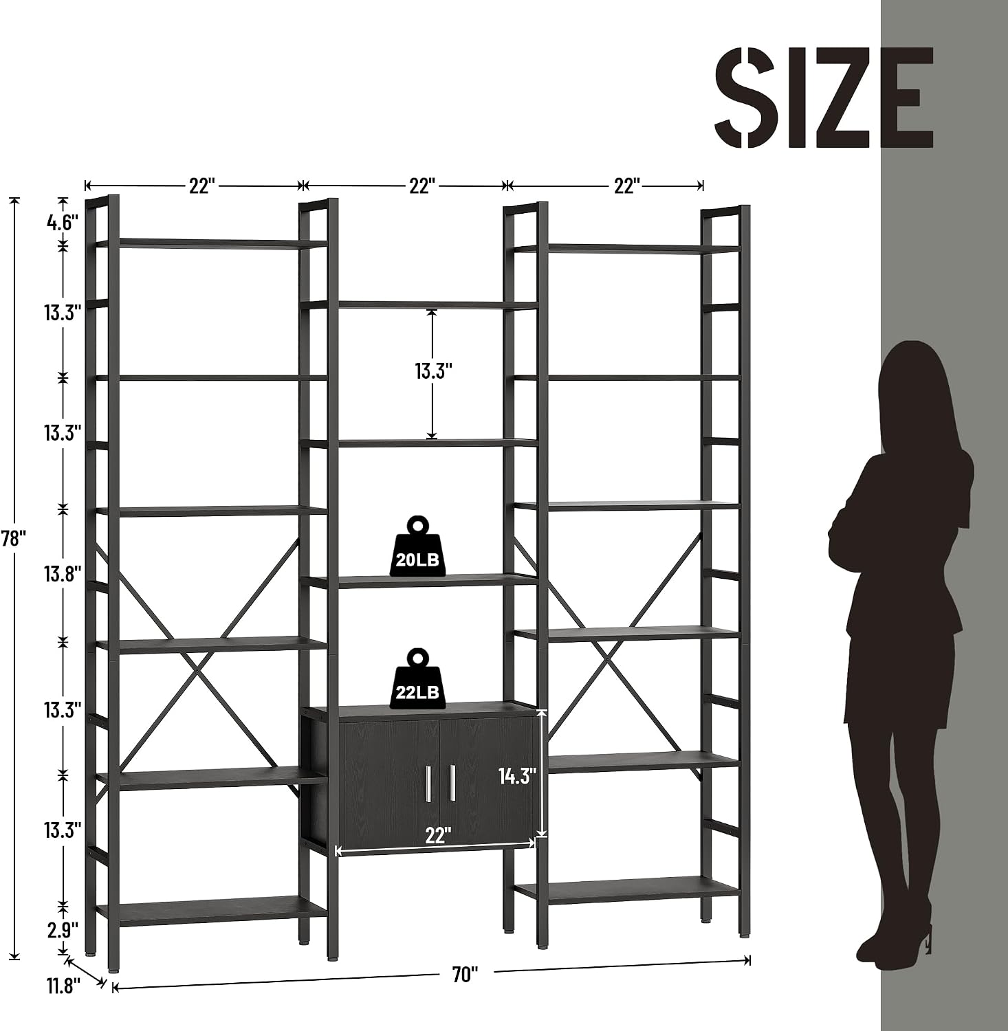 70x78 ' Triple 6 Tier Book Shelf, Industrial Large Bookcase with Storage Cabinet, Tall Bookshelf with 16 Open Display Shelves Metal Frame Furniture for Living Room Bedroom Home Office Black