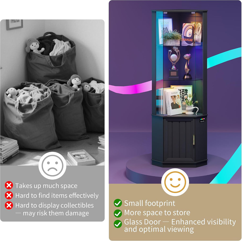 HNEBC 69' Tall Curio Display Cabinet with Glass Door and Movable Shelves,Corner Bookcase with LED Human Sensor Lights,5-Tier RGB Display Case for Collectibles,Bedroom Living Room
