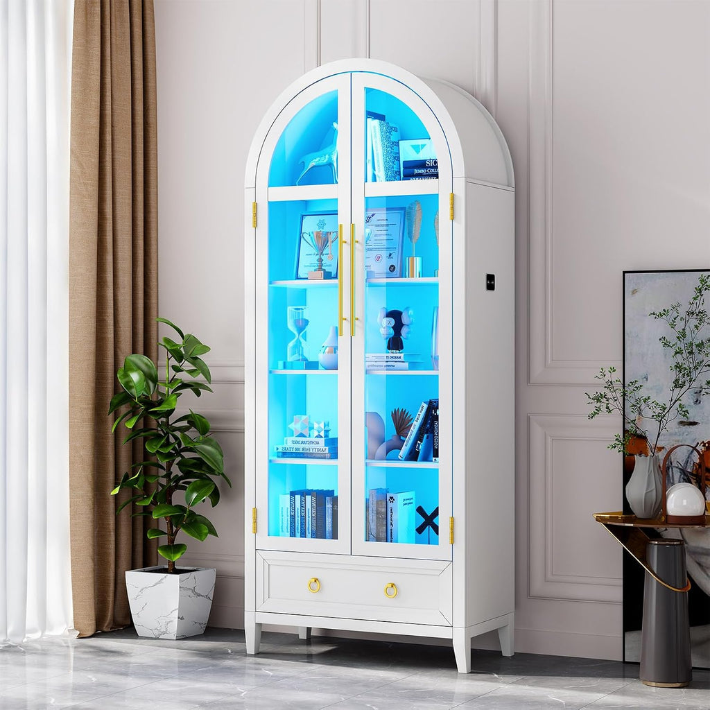 HNEBC Book Shelf with LED Lights, Arched Display Case with Storage Cabinet, Smart File Cabinet with Glass Door, Curio Cabinet with Solid Wood Legs for Home Office/Bedroom Furnniture-White