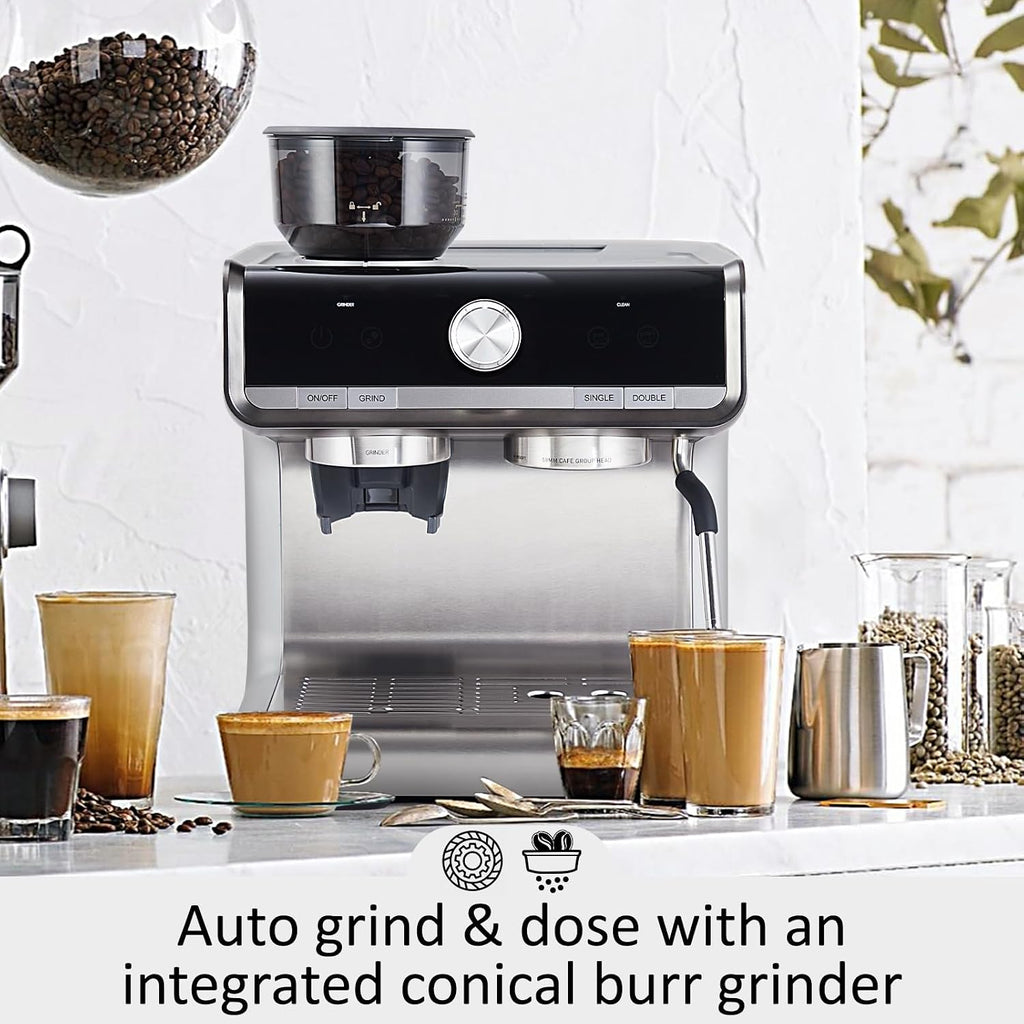 GarveeHome Espresso Machine With Grinder, 20 Bar Semi-Automatic Espresso Coffee Maker With Milk Frother Steamer Wand Cappuccino Latte Macchiato, 95 oz Water Tank, Pid Temperature Control-Silver