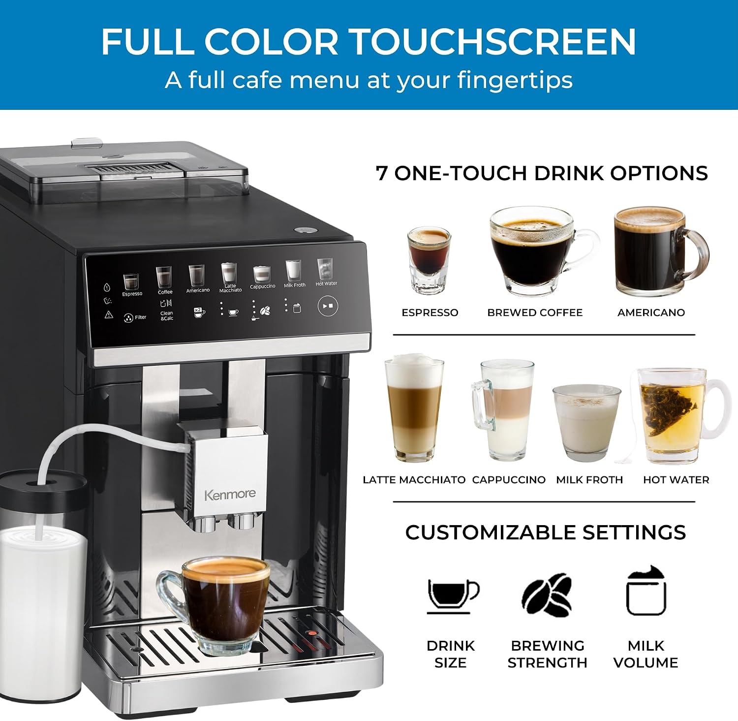Kenmore Fully Automatic Espresso Machine – Programmable Coffee Machine With Integrated Bean Grinder, Milk Steamer, Frother, Descaler, Barista Cappuccino, Latte, Americano Brewing System, Black