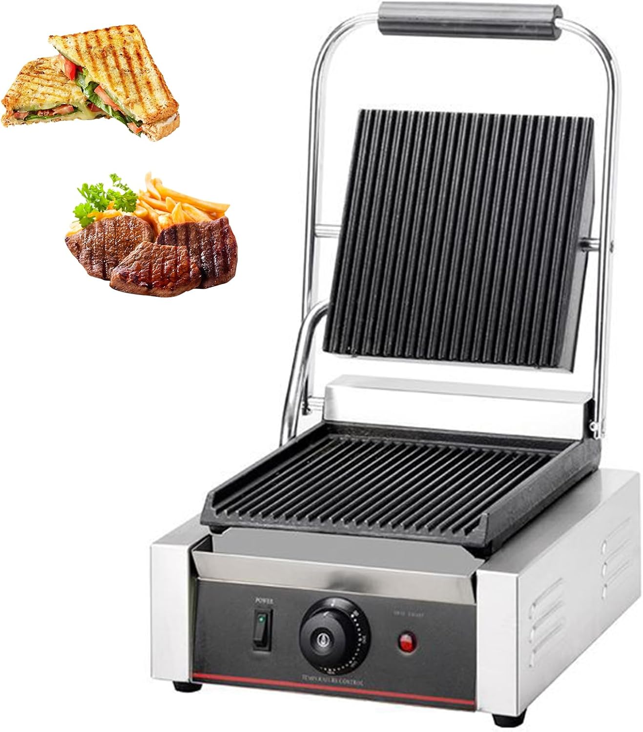 Commercial Panini Press with Grooved Grill Sandwich Maker Machine Electric Contact Grilled Cheese Machine Tuna Melt Omelets Non-Stick Cooking Surface Temperature Control,1800W