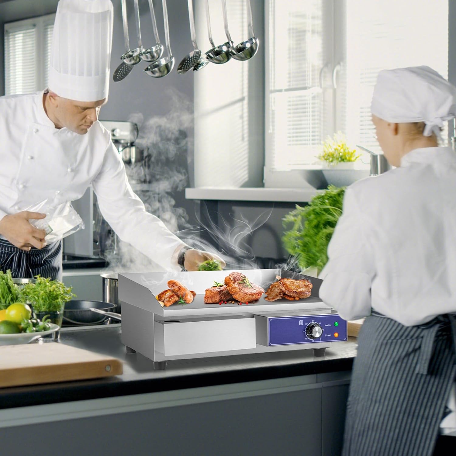 Happygrill 22' Commercial Electric Griddle, Stainless Steel Flat Top Grill w/Adjustable Temperature Control 122℉-572℉, Complete Accessories, 2000 W Electric Countertop Griddle for Kitchen Restaurant