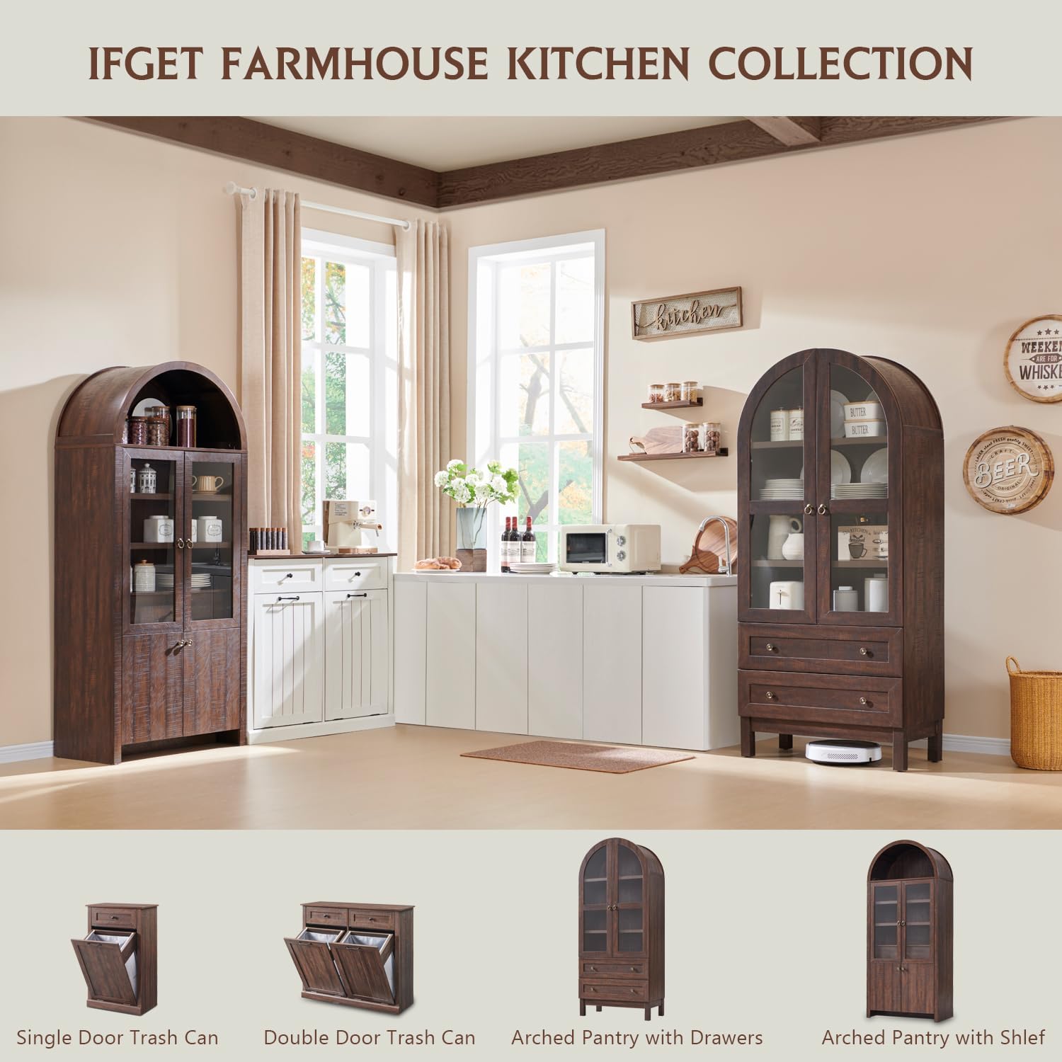 IFGET 71' Tall Arched Kitchen Pantry Cabinet, Wood Kitchens Storage Cabinets with 2 Large Drawers and Adjustable Shelves, Modern Farmhouse Versatile Cupboard for Kitchen, Dining Room, Bathroom, Brown