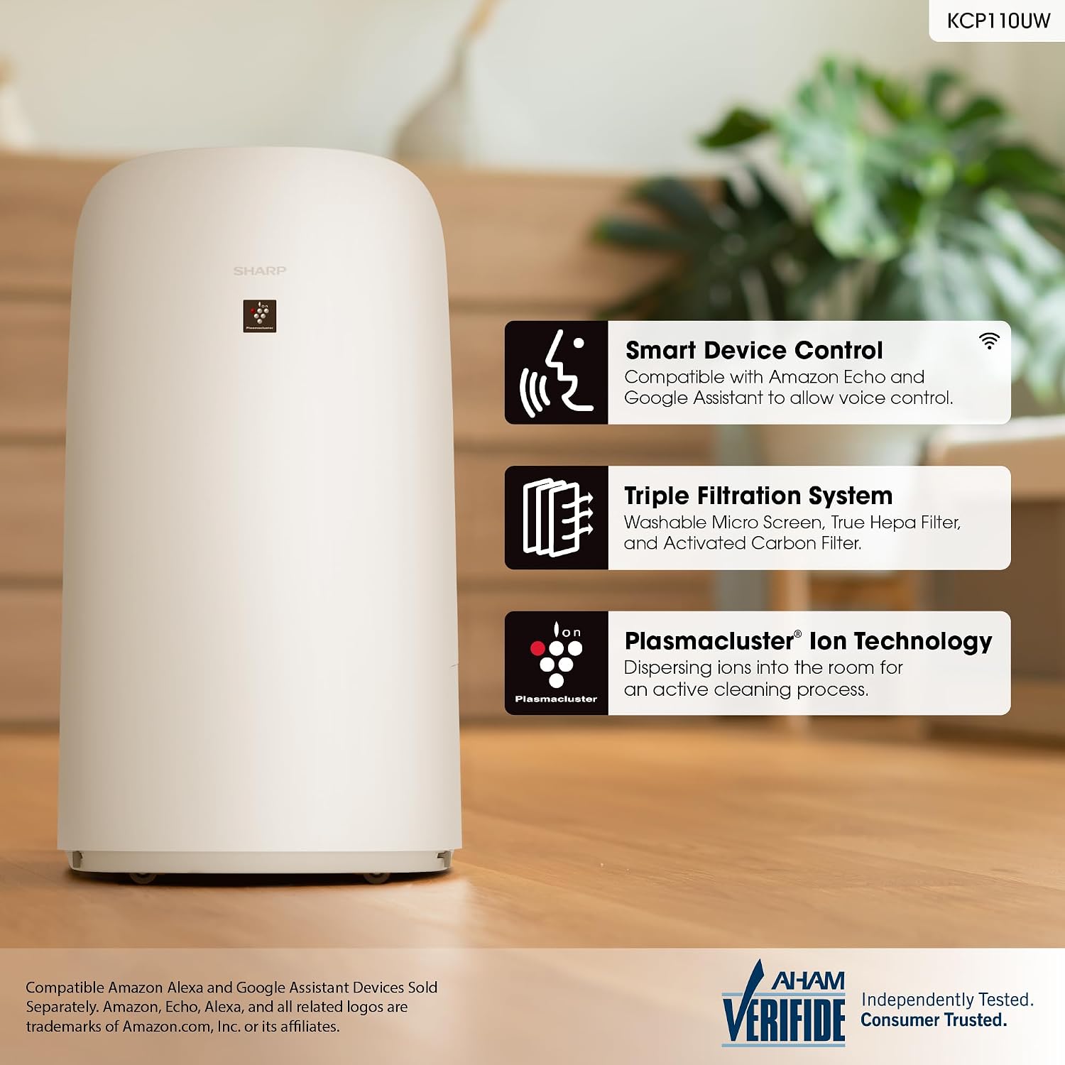 SHARP Smart Air Purifier with Humidifier Combo – Covers up to 2,603 sqft in one hour, Compatible w/Alexa & Google Asst. True HEPA Filter, for XL Rooms, Living Room, Dining Room - KCP110UW