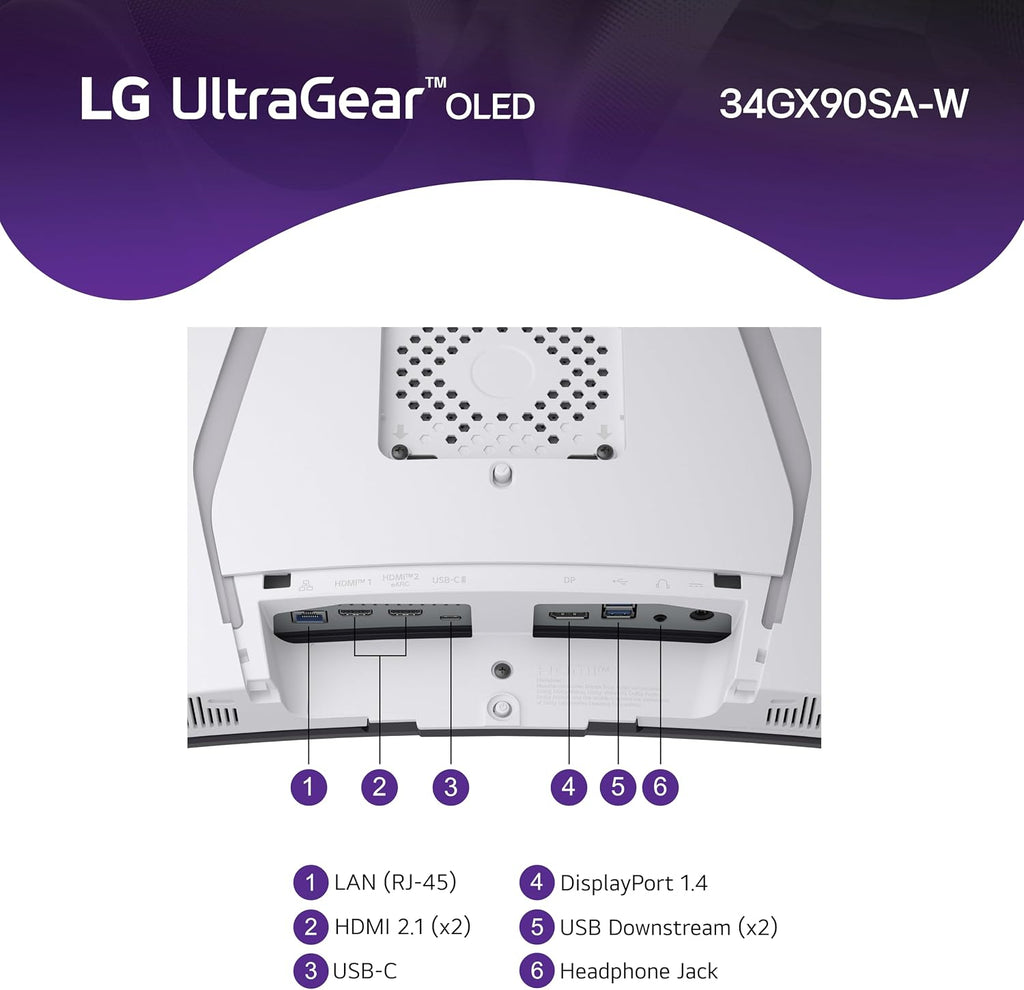 LG 34GX90SA-W 34-inch Ultragear WQHD (3440 x 1440) OLED Curved Gaming Monitor 240Hz, 1ms, NVIDIA G-Sync Compatible, AMD FreeSync Premium, VESA DisplayHDR True Black 400, webOS, USB Type-C, White