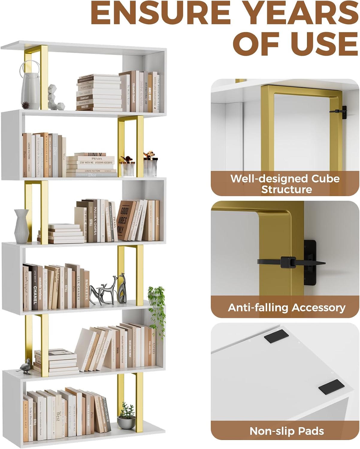 Gadroad 6-Tier Geometric Bookcase,S Shaped Bookshelf, Wood Decorative Storage Shelving, Modern Freestanding Display Shelves, Tall Book Shelf Unit for Living Room Bedroom