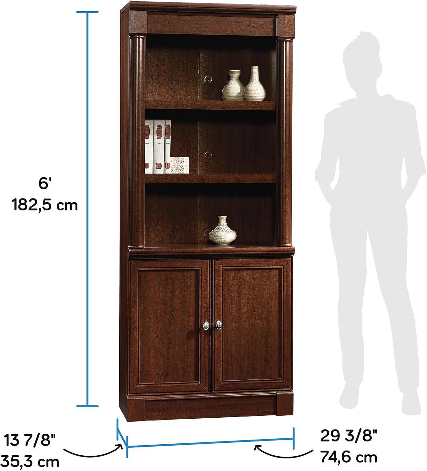 Sauder Palladia Book Shelf, Bookshelf with Storage, Library Bookcase with Doors and Adjustable Shelves, in Select Cherry finish
