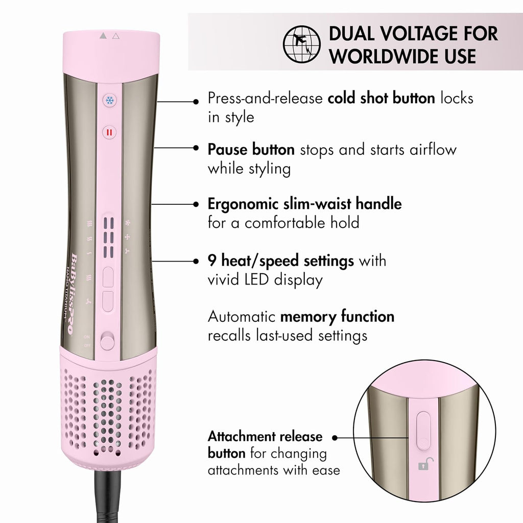 BaBylissPRO StyleSwitch Ionic Multi-Styler, Air Styler and Hair Dryer, Lightweight Hot Air Brush with 5 Attachments, Automatic Dual Voltage