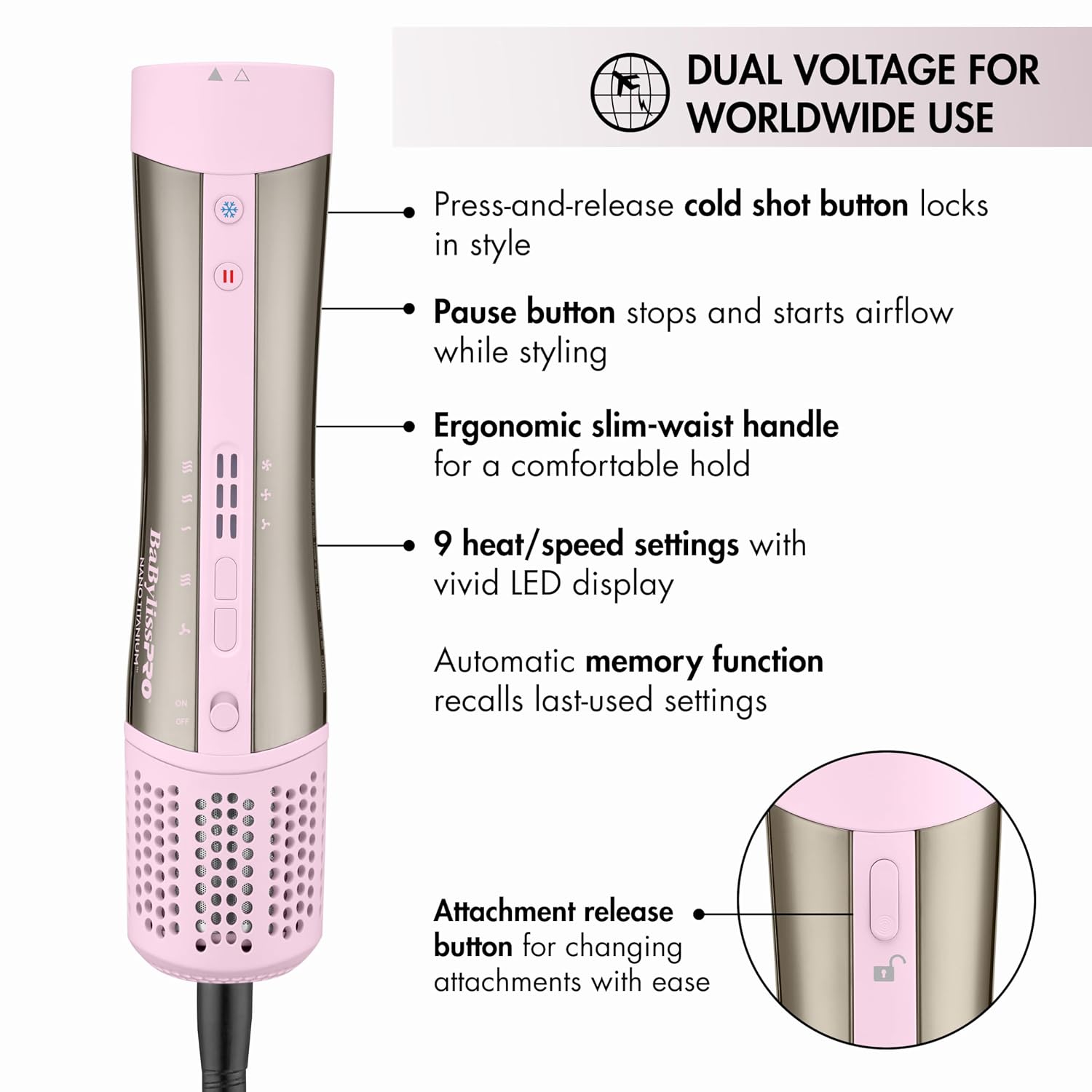 BaBylissPRO StyleSwitch Ionic Multi-Styler, Air Styler and Hair Dryer, Lightweight Hot Air Brush with 5 Attachments, Automatic Dual Voltage