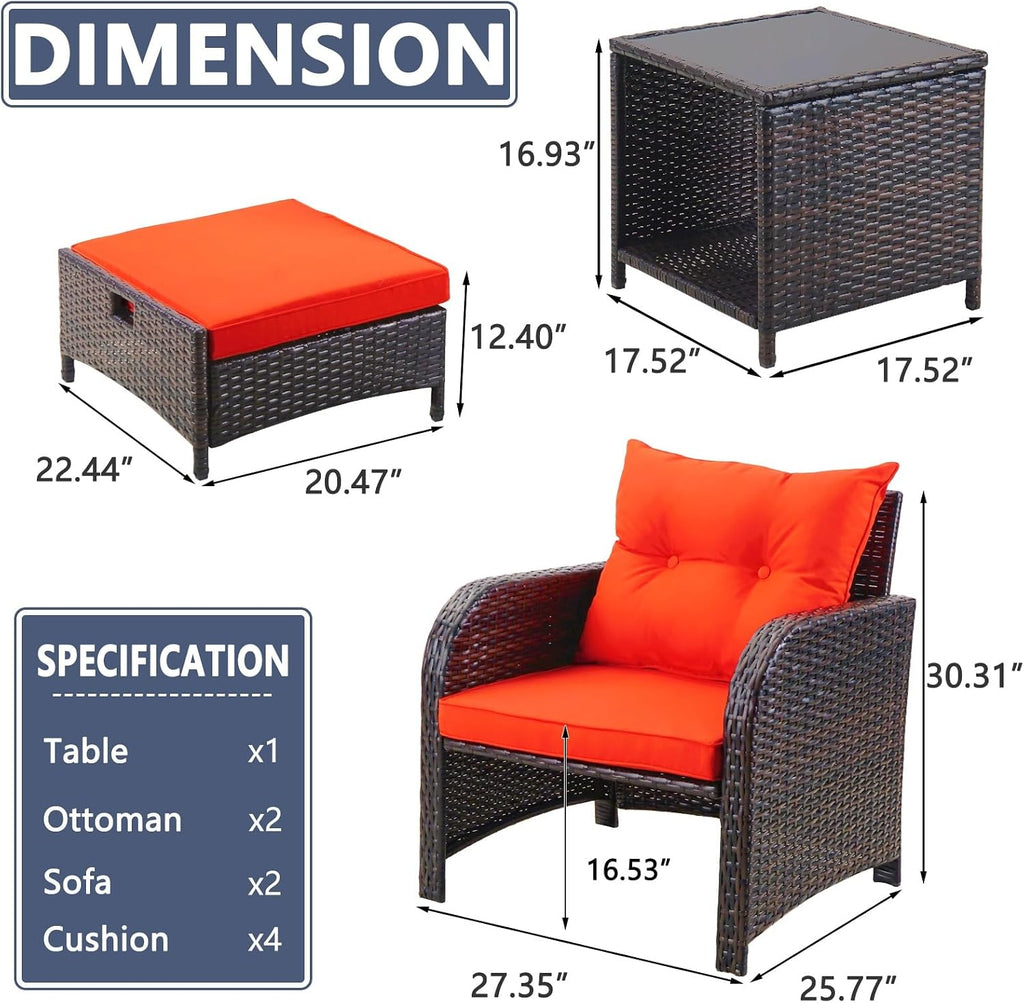 5 Pieces Wicker Patio Chairs Set with Ottomans, Orange Cushioned Lounge Chairs Set of 2 with Ottoman, PE Rattan Outdoor Furniture with Ottoman Set for Balcony Porch