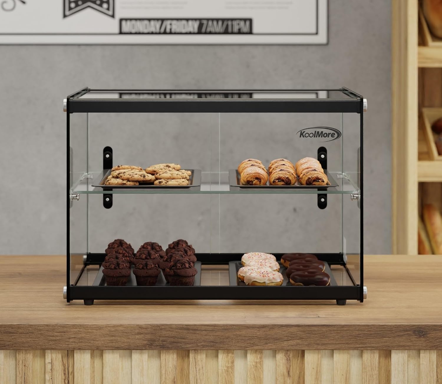 KoolMore 22 in. Tiered Pastry Bakery Display Case with Glass Shelf and Sliding Door, 2.2 cu. ft. Capacity, ETL Listed (KM-DC-2CSBK)
