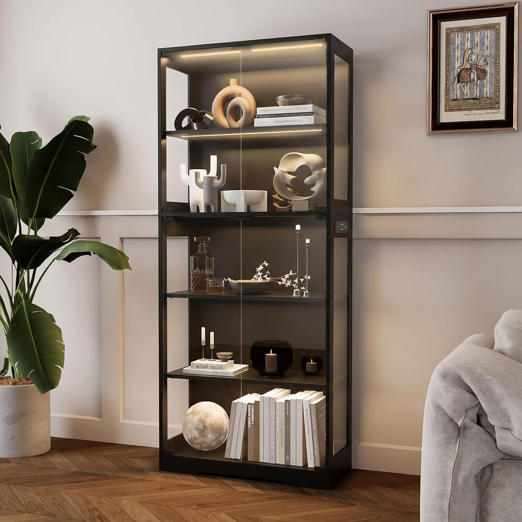 Glass Display Cabinet, 5-Tier Curio Cabinet with Glass Doors, Dimming LED Lights & Motion Sensor, for Collectible Figures, Living Room, Bedroom, or Office (Wooden Frame Black)