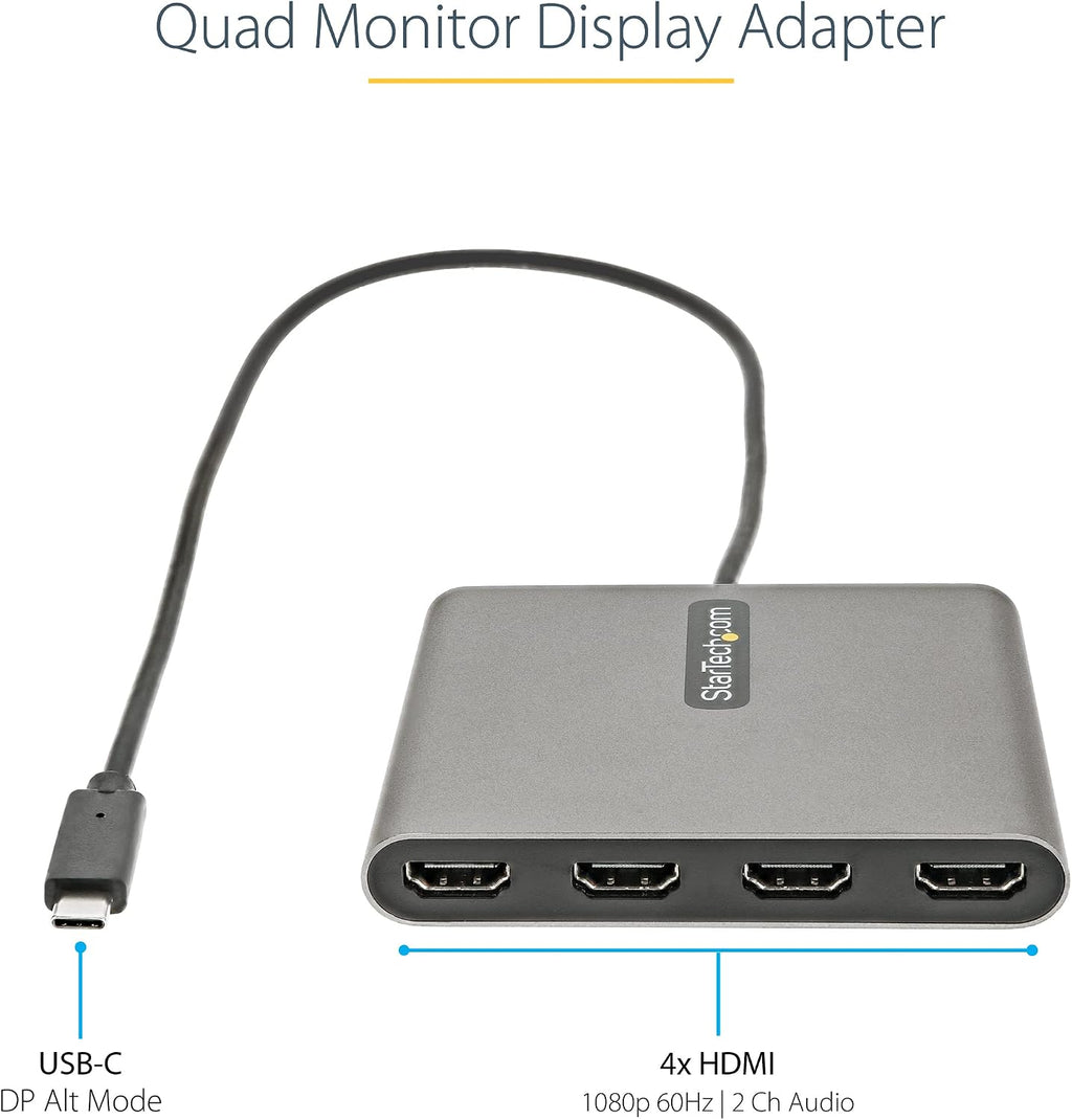 StarTech USB-C to Quad HDMI Adapter, USB Type-C to 4 HDMI Monitor Converter, 4x 1080p 60Hz, External Video Graphics Card, Windows Only, TAA, for Laptops/Desktops, Bus Powered, 50cm Cable