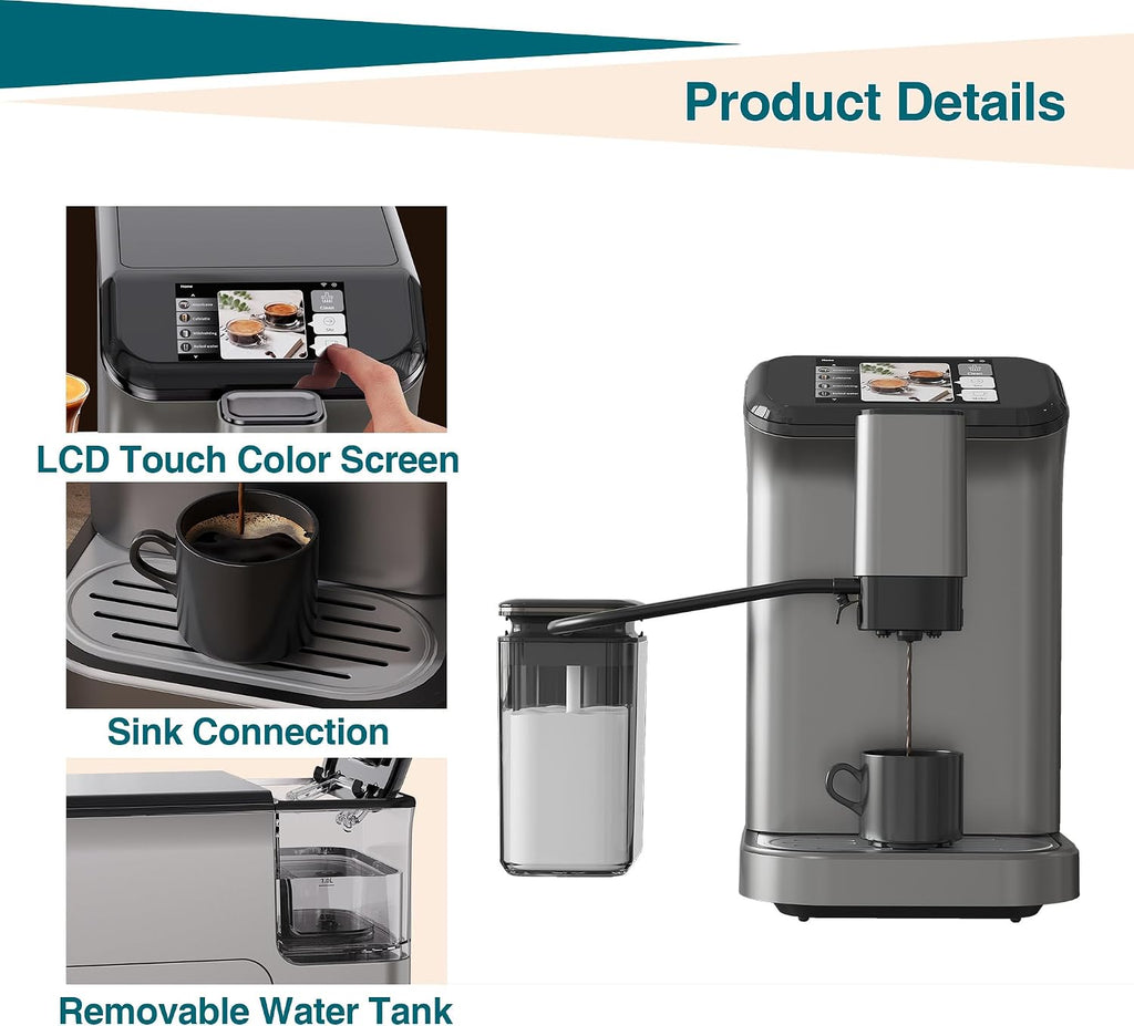 Espresso Machine, Built-in Grinder Coffee Maker with TFT Color Screen, Automatic Milk Frother Coffee Machine, 20 Bar Pump + 15 Grind Settings, 1.5L Water Tank + Auto Rinse, 120V 1350W, Star Gray