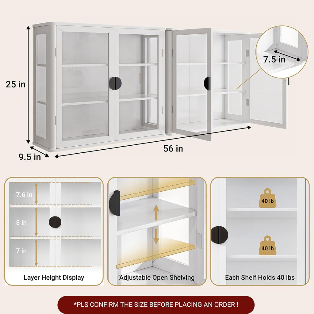 FIMELLO 56''W Wall Cabinet with Tempered Glass Doors, Bathroom Cabinet Wall Mount, Kitchen Wall Cabinet, Floating Cabinet for Bathroom, Wall Mount Salon Station for Barber, Beauty, White