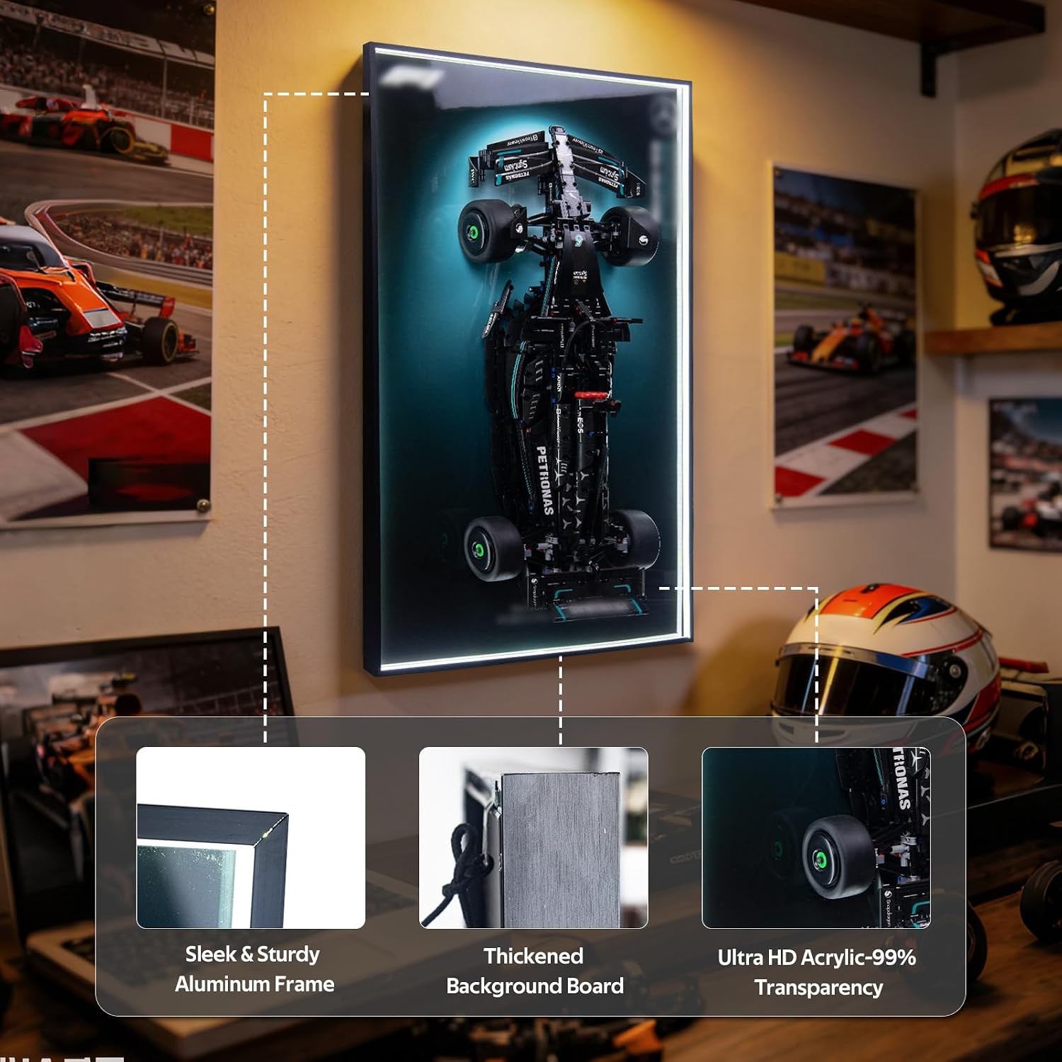 Display Wallboard for Lego Technic Mercedes F1 W14 E Performance Model Car 42171,Display Board with LED Lights,Adult Collectibles Wall Mount,Gift Idea, Home Decor(No Car Included)