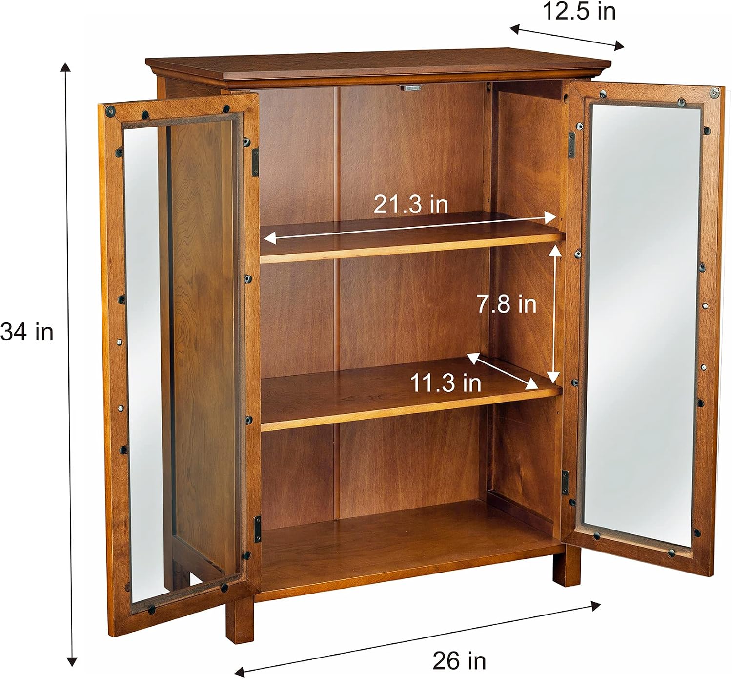 Teamson Home Avery Wooden Freestanding Floor Cabinet with 2 Adjustable Shelves 3 Storage Spaces 2 Glass Paneled Doors and 2 Antique Brass Knobs, Oiled Oak
