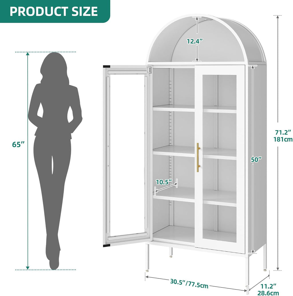 YITAHOME 71' Arched Glass Display Cabinet, Tall Metal Storage Cabinet with Adjustable Shelves and Glass Doors, White