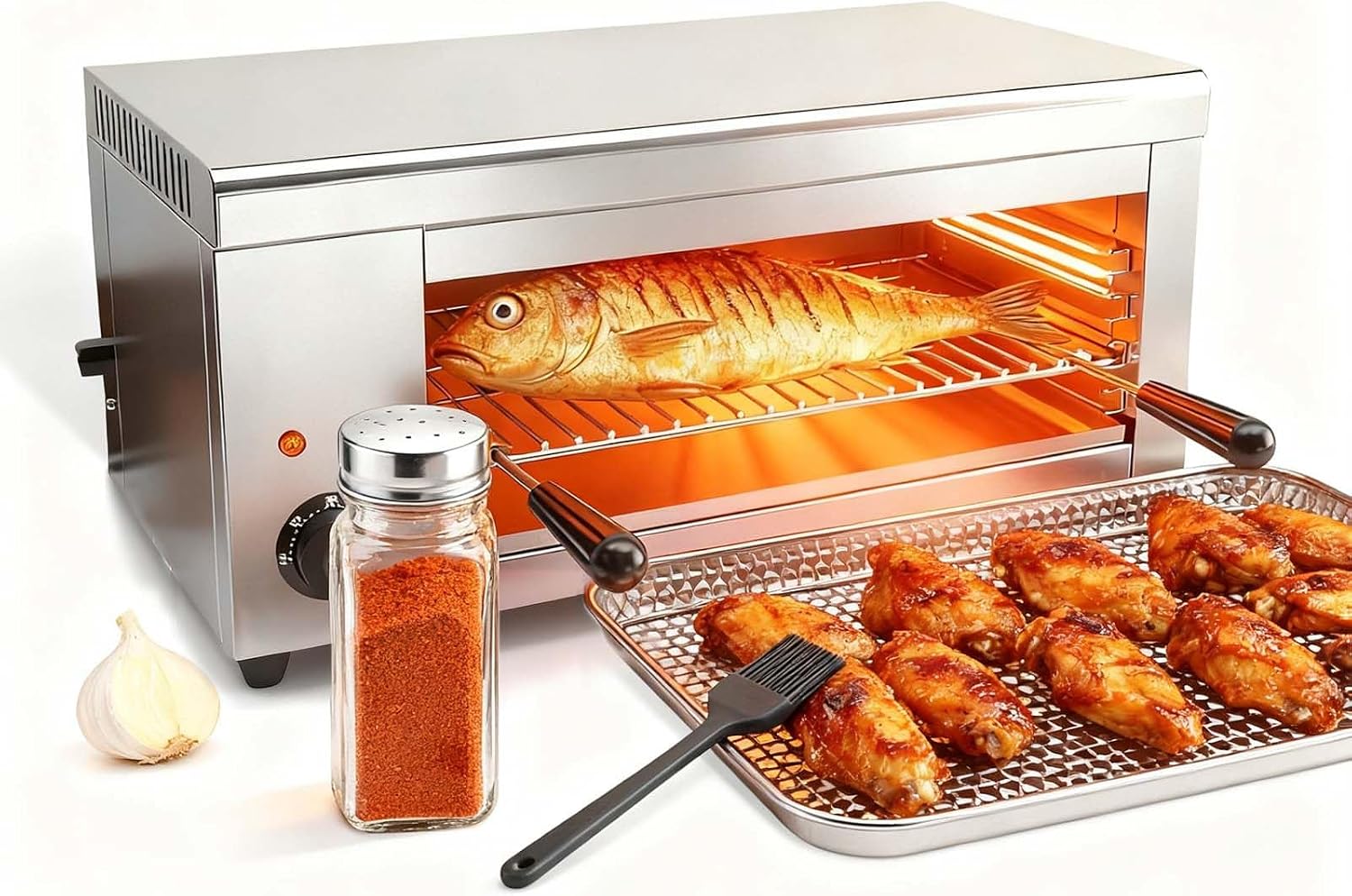 2000W Stainless Steel Electric Grill & Salamander Broiler, Wall Mount/Tabletop, 24'x11.8'x11', Removable Oil Tray, Adjustable Temp 50-300°C for Perfect Steaks & Sandwiches