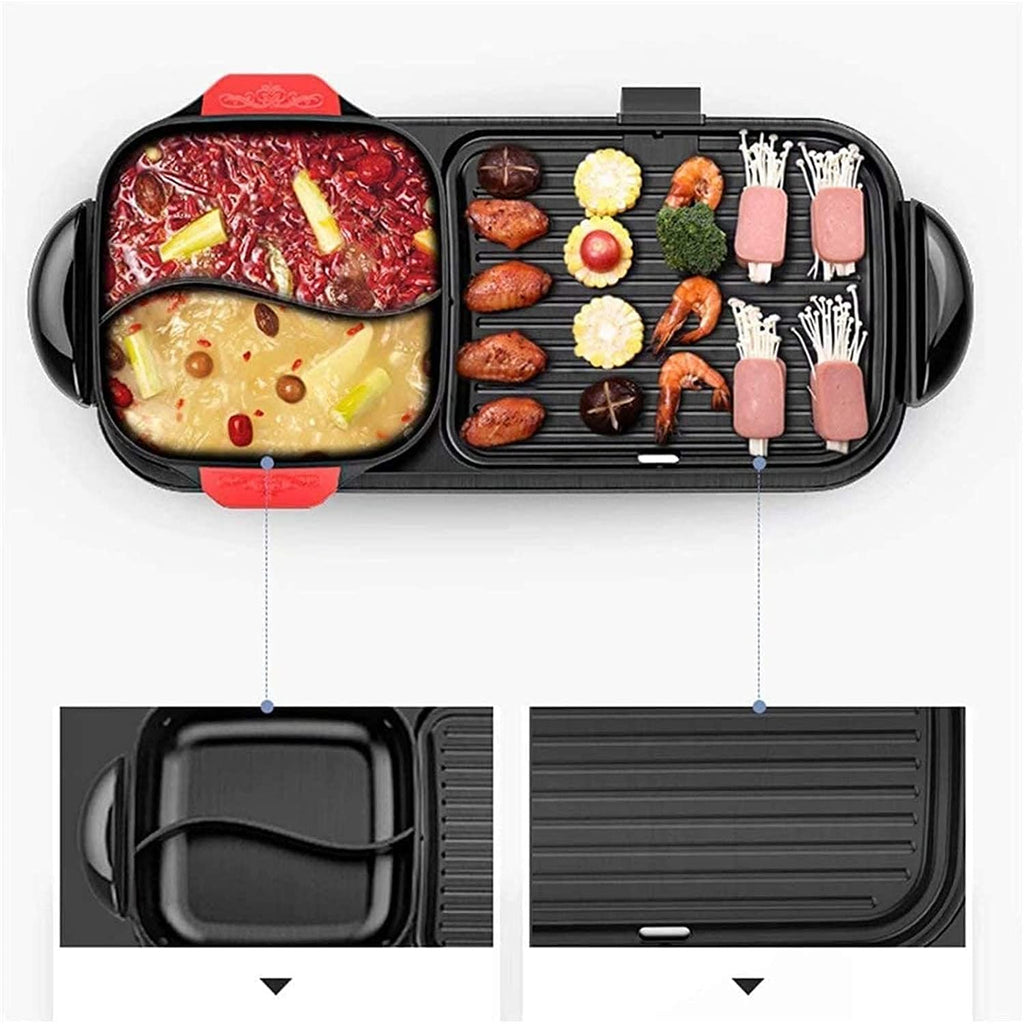 Electric Grill Indoor Electric Grill Indoor Hot Pot Multifunctional Indoor Teppanyaki Grill Shabu Pot with Divider - Separate Dual Temperature Contral,Black,74 * 35Cm,Portable Nonstick Gr
