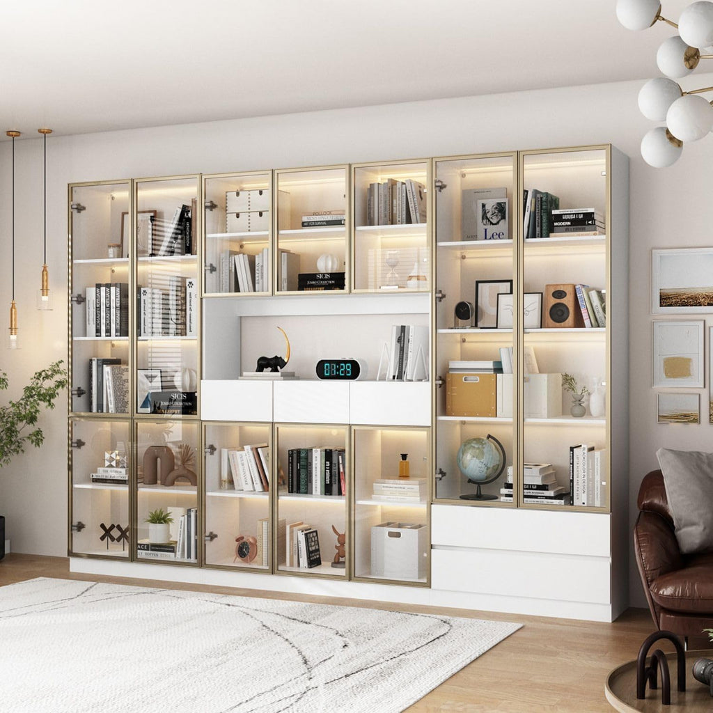 Display Cabinet with 4 Glass Doors and Lights, 5-Tier Shelves & Pop-up Design, Display Cabinet for Collectibles, Display Case White and Champagne Gold (31.5'W x 14.2'D x 78.7'H)