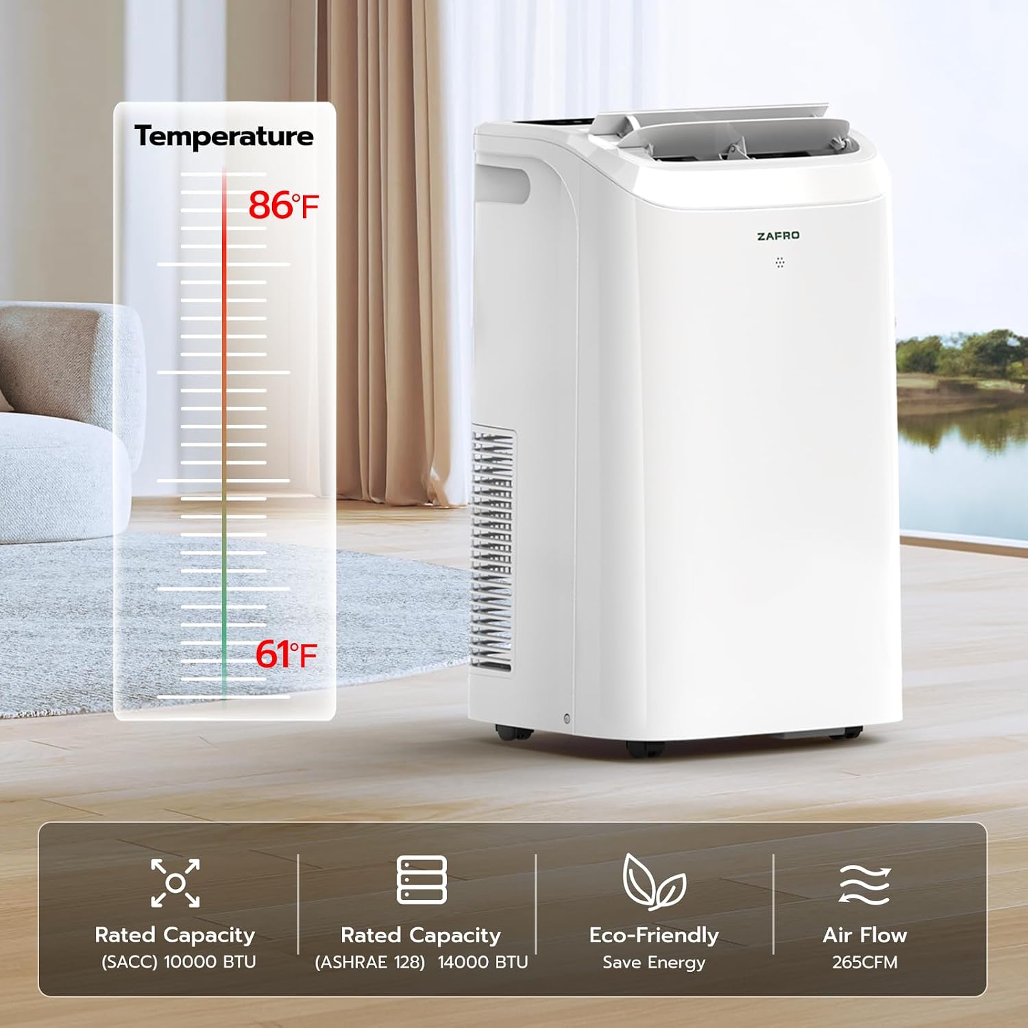 ZAFRO Portable Air Conditioner 12,000 BTU (8,000 BTU SACC), 464B-Quiet Cooling, WiFi/App Control, 24H Timer with Fan & Dehumidifier, Easy Installation for Bedroom, Office, Living Room
