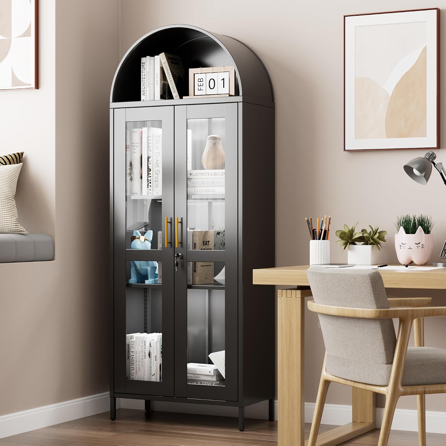 Metal Arched Display Cabinet with 3 Lights,Lockable Arch Cabinet with Glass Doors and 2 Adjustable Shelf for Home Office,Assembly Required,Black, 72.83' H×27.6' W×13.8' D