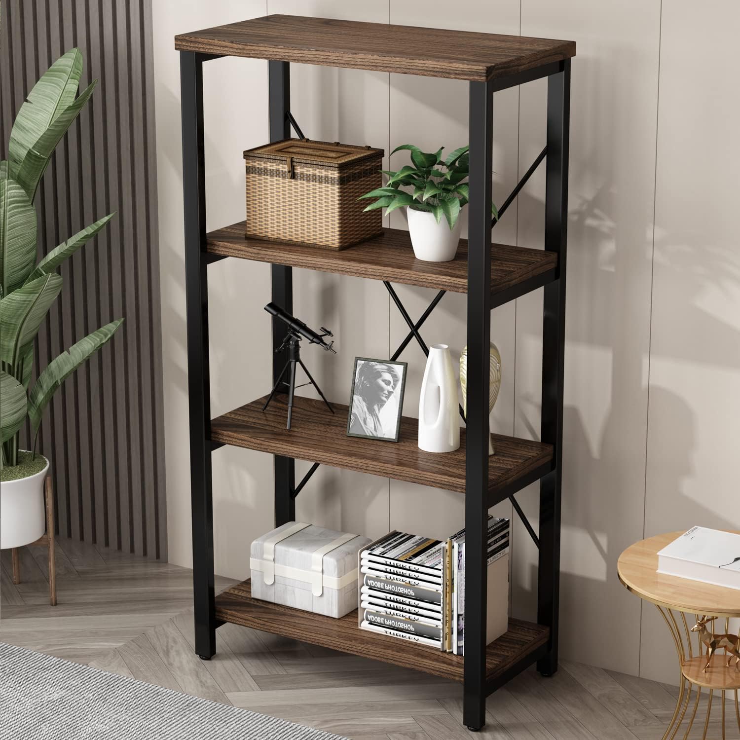 AY-AOYUAN 4 Tier Bookshelf, Solid Wood Bookcase Shelf Storage Organizer, Vintage Storage Rack with Open Shelves Rustic Standing Bookshelves for Living Room,Bedroom Rustic Brown(AY01-4tier)